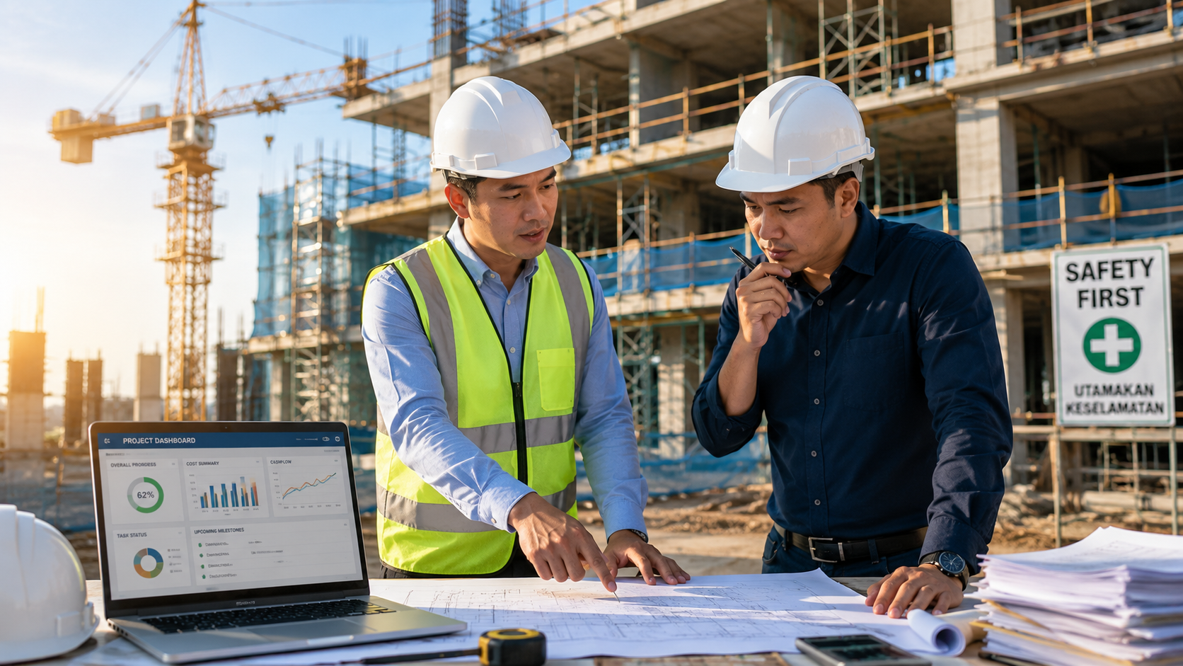 Kontraktor dan Quantity Surveyor membincangkan projek