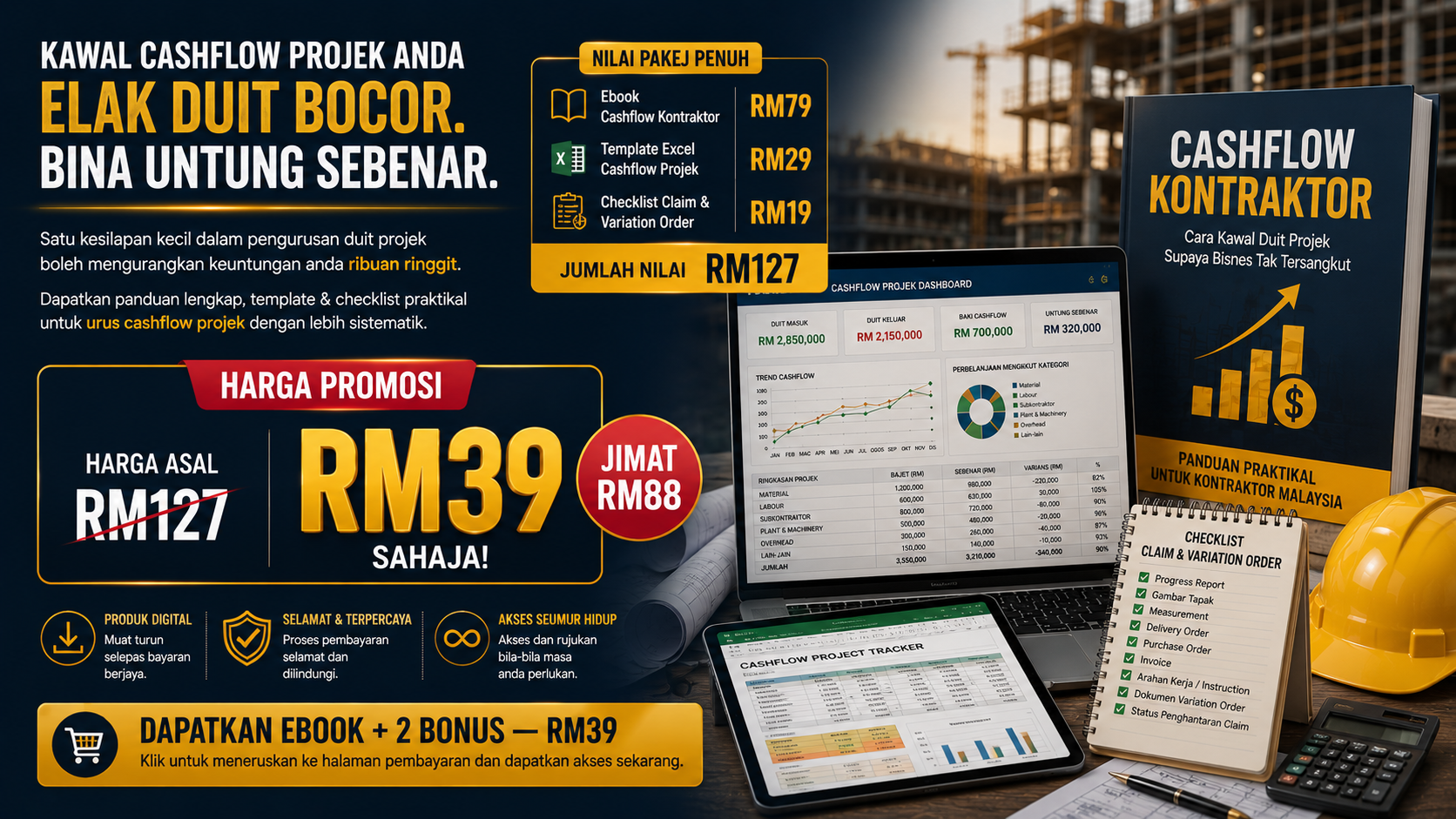 Harga promosi Ebook Cashflow Kontraktor RM39 termasuk dua bonus
