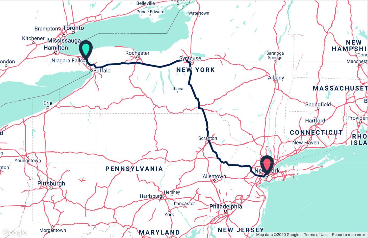 The best road route between Niagara Falls and New York.