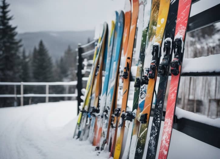 Skis against rail in the snow