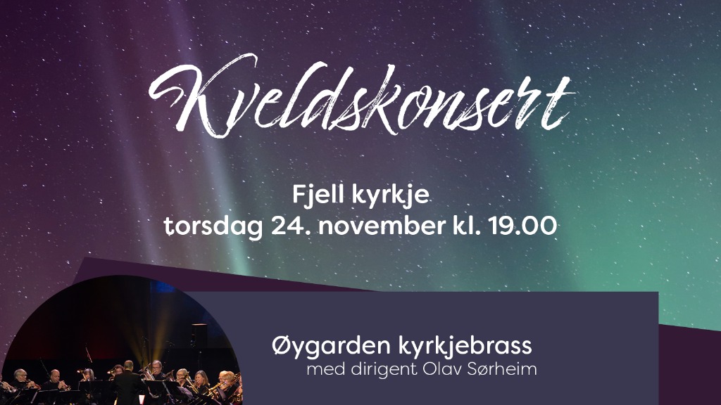 Plakaten for konserten med nordlys i bakgrunnen og foto av kyrkjebrassen
