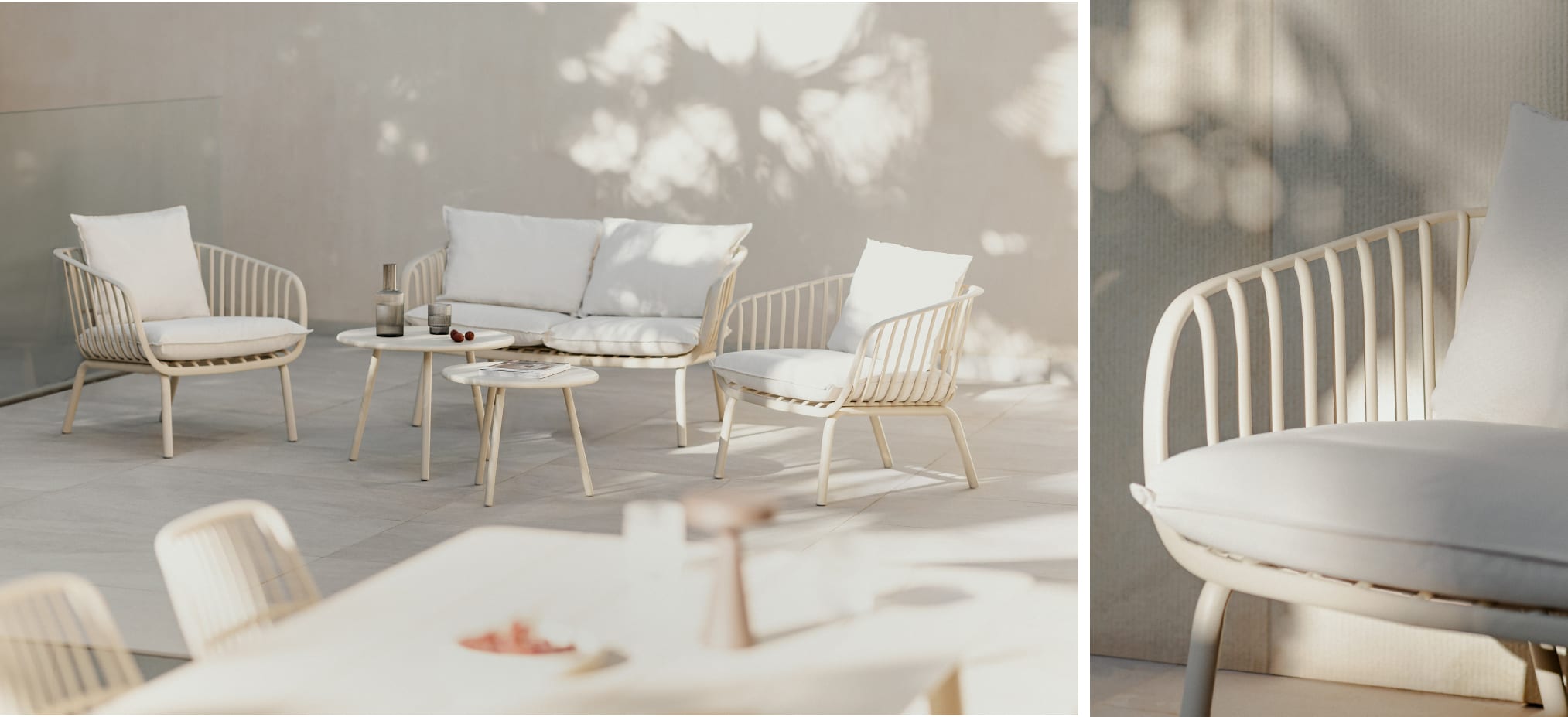 Garden set with 2-seater sofa, 2 armchairs and 2 coffee tables in iron and Aradina Style polypropylene