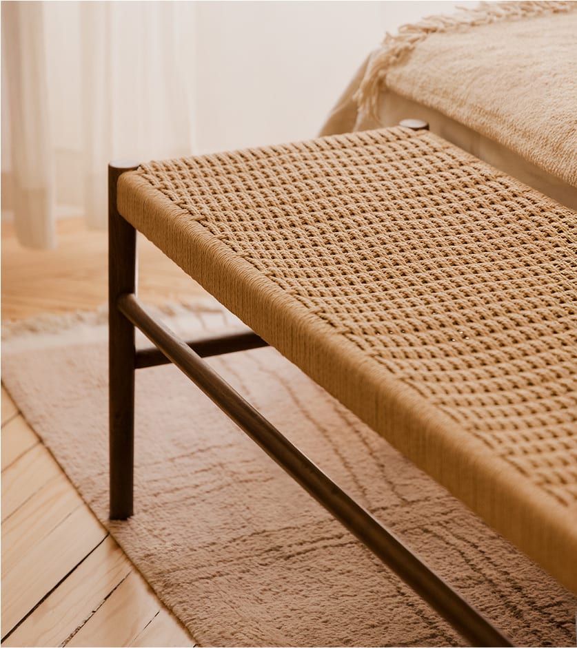 Mara 120 cm bench in oak wood and braided rope