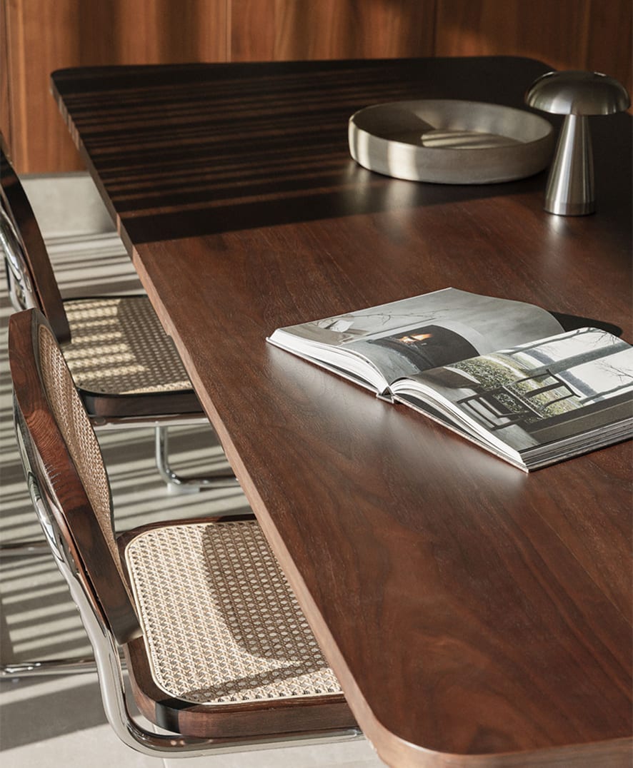 Prostokątny stół jadalny z płyty MDF i Tento ze stali nierdzewnej