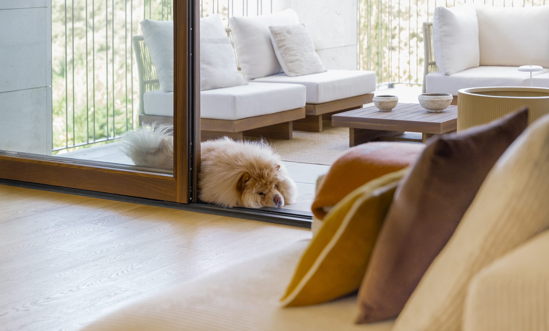 Zentrales Modul für modulare Gartensofa aus Akazienholz und geflochtener Schnur Dailin