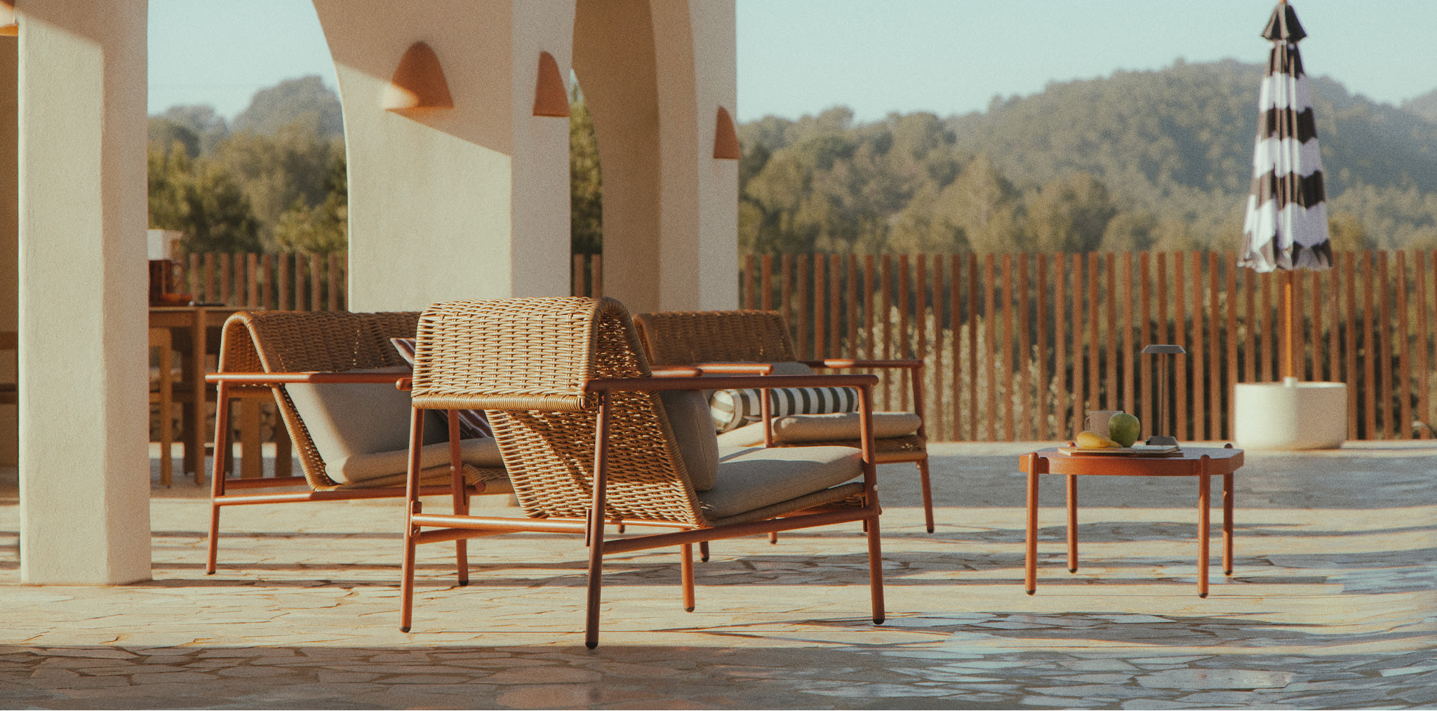 Conjunto de jardín con sofá de 2 plazas, 2 sillones y mesa de centro en aluminio y ratán sintético Duroli