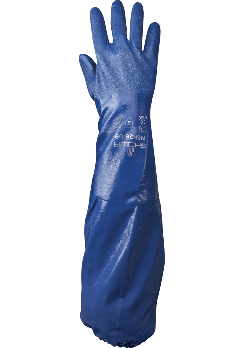 SHOWA BLÅ NITRILHANSKE M/MANSJETT, 65 CM, MATVAREGODKJENT