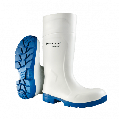 DUNLOP GUMMISTØVEL U/VERN, HVIT M/BLÅ SÅLE