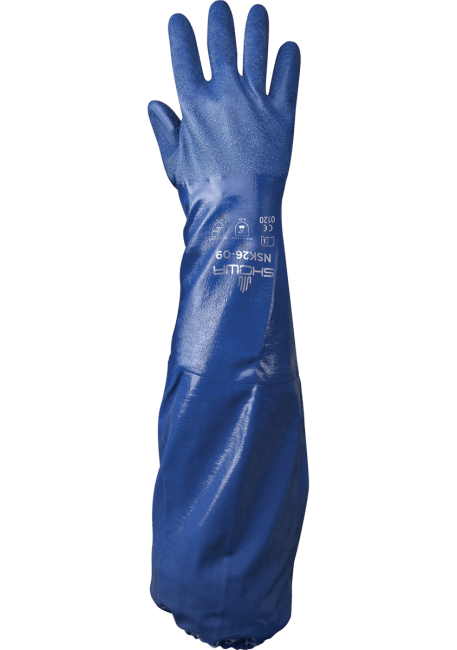 SHOWA BLÅ NITRILHANSKE M/MANSJETT, 65 CM, MATVAREGODKJENT