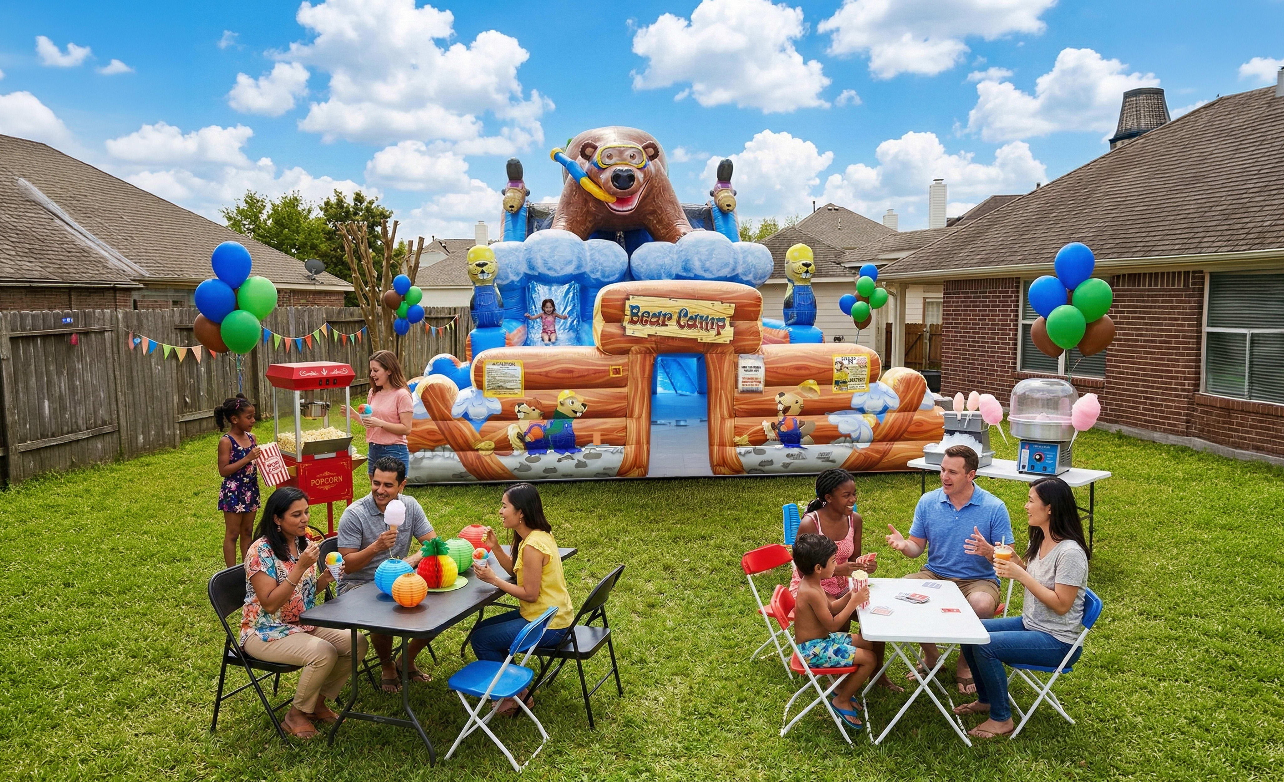 A large "Bear Camp" themed inflatable water slide and play center featuring a giant grizzly bear with a snorkel and blue wave details. The backyard scene includes families enjoying a party with popcorn and cotton candy stations, balloon bouquets, and outd