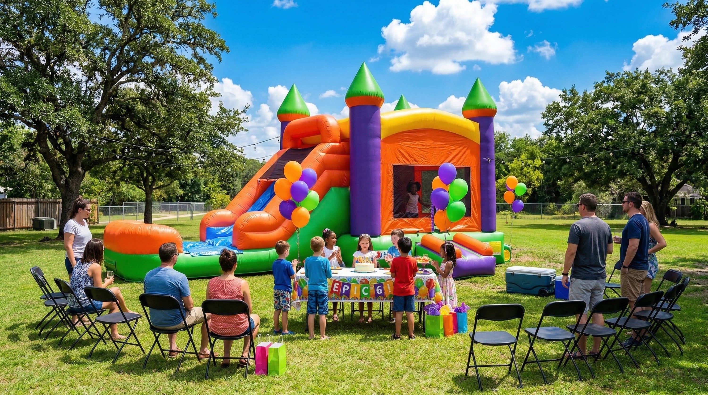 A classic carnival-themed carousel bounce house featuring red and yellow stripes with detailed horse and giraffe graphics on the mesh walls. This interactive inflatable attraction is set up for an outdoor event and is available for rent in Houston, Austin