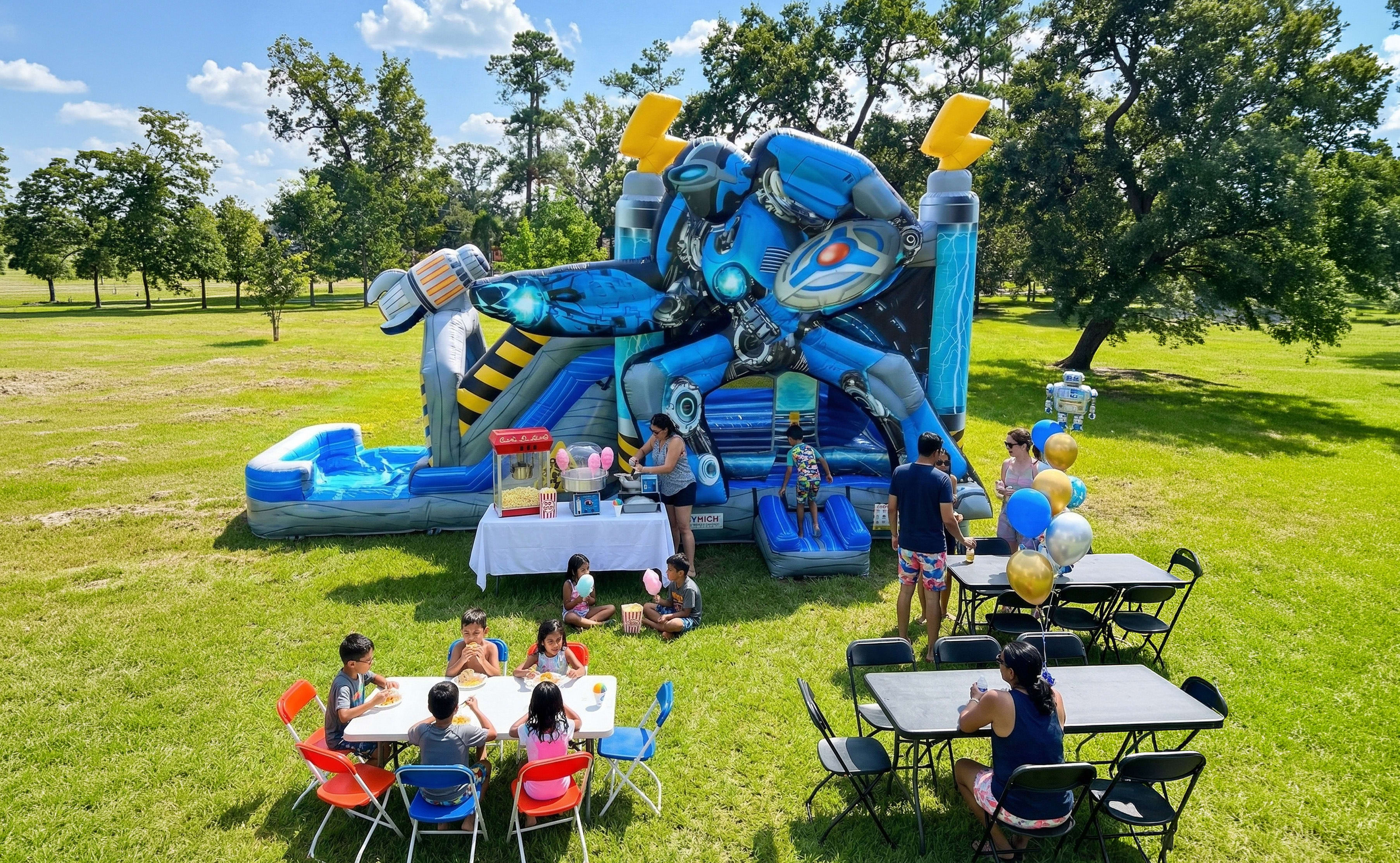 A detailed view of a blue and grey robot-themed inflatable combo unit featuring a wide climbing area and a long water slide. The backyard celebration includes families enjoying snacks from a concession stand and kids playing in a lush green park setting. 