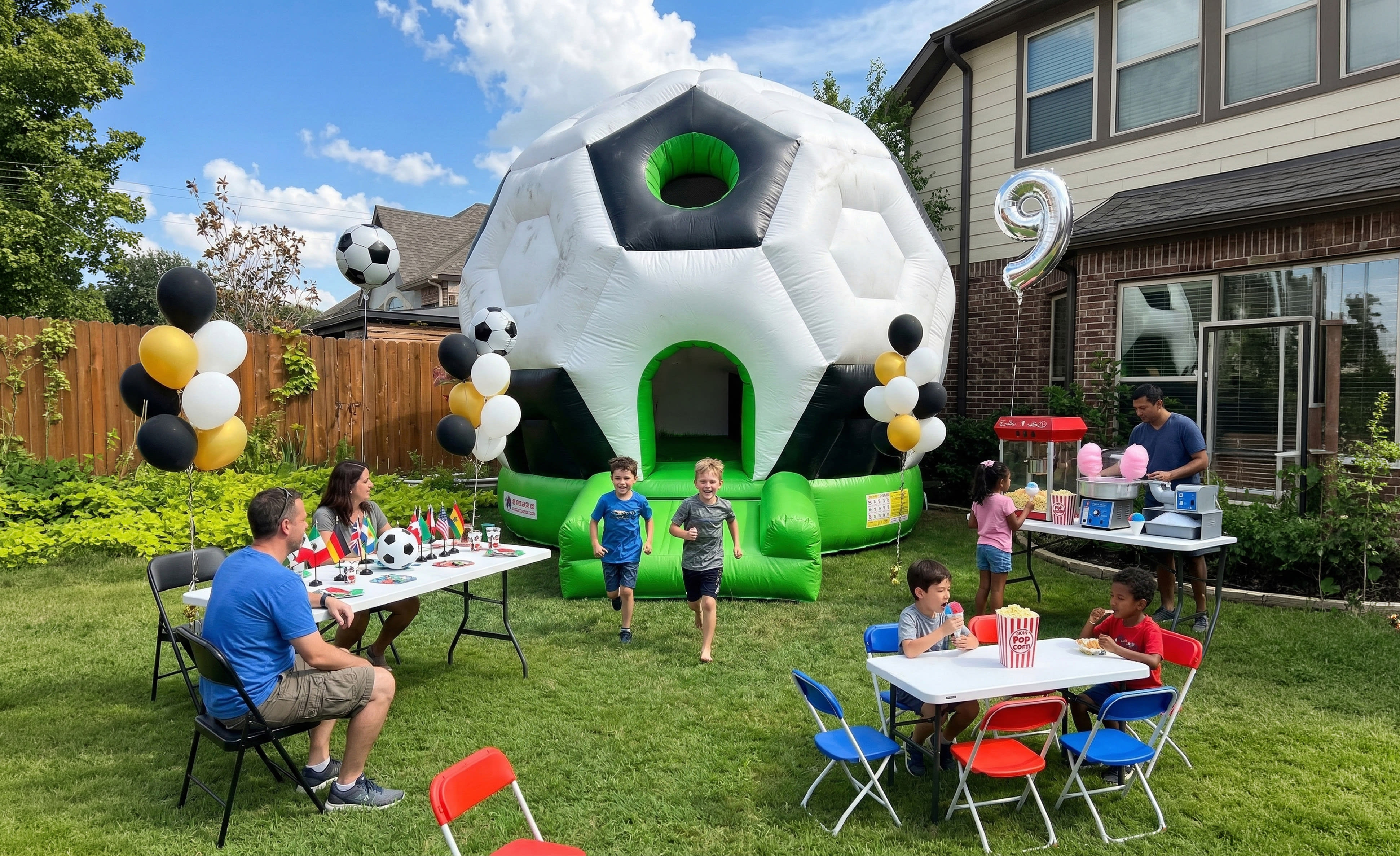 A massive black and white soccer ball-shaped moonwalk rental set up on a green lawn. The scene shows a complete party package with child-sized seating, a popcorn machine, and a cotton candy station. Adults are seated nearby under a clear sky. We provide f