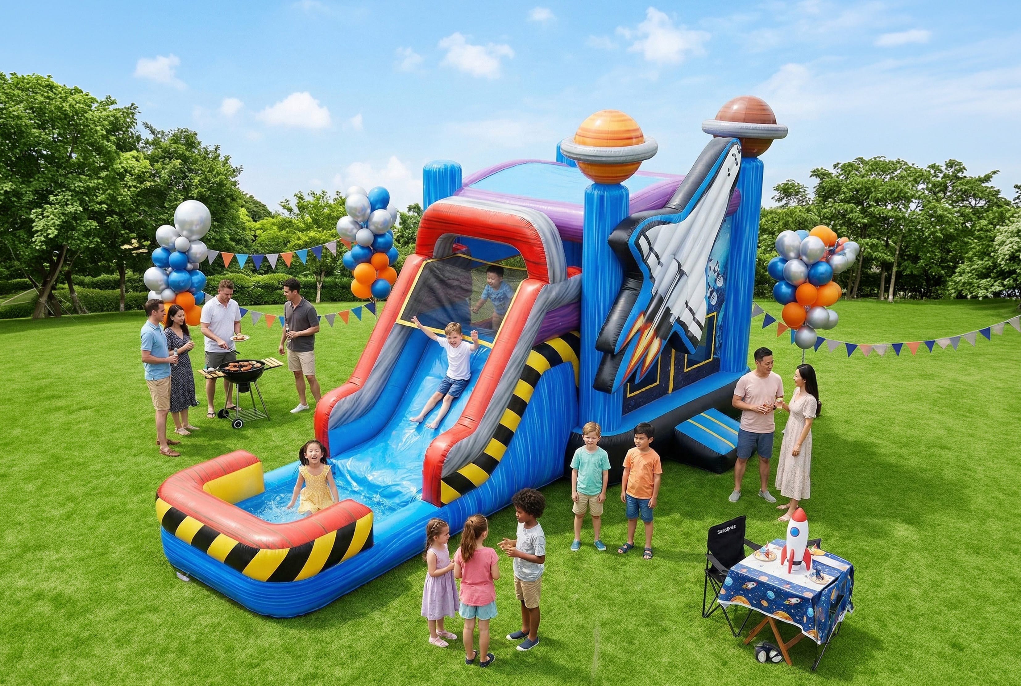 An outdoor birthday celebration featuring a space shuttle inflatable slide and moonwalk combo on a manicured lawn. The scene includes an astronaut balloon display, a themed cake table, and children playing in the water slide. Adults are shown supervising 