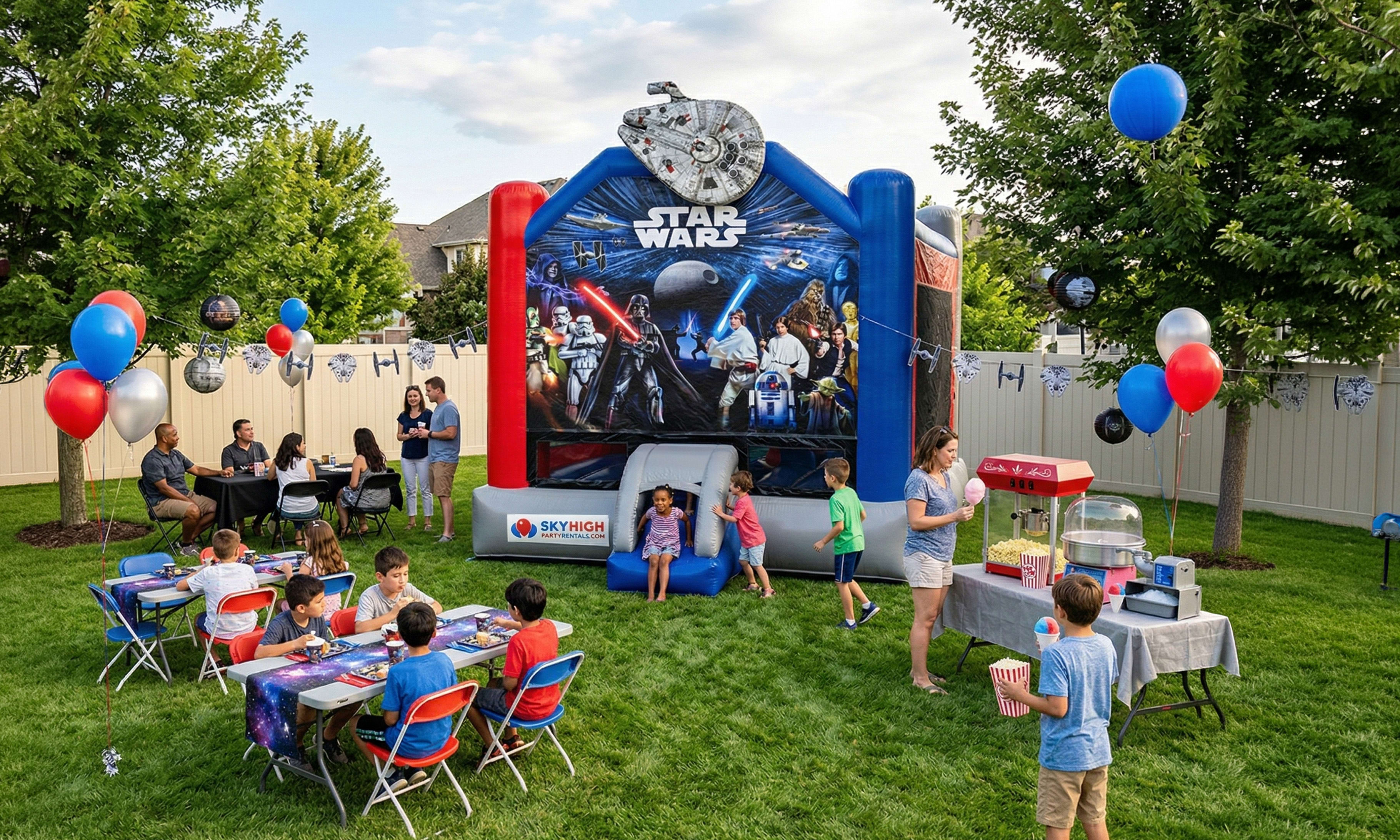 Kids in Houston playing at a complete Star Wars-themed party rental setup, including an inflatable moonwalk with character art, the Death Star, and a giant Millennium Falcon topper. Children are seen using the slide and eating snacks like popcorn. Adults