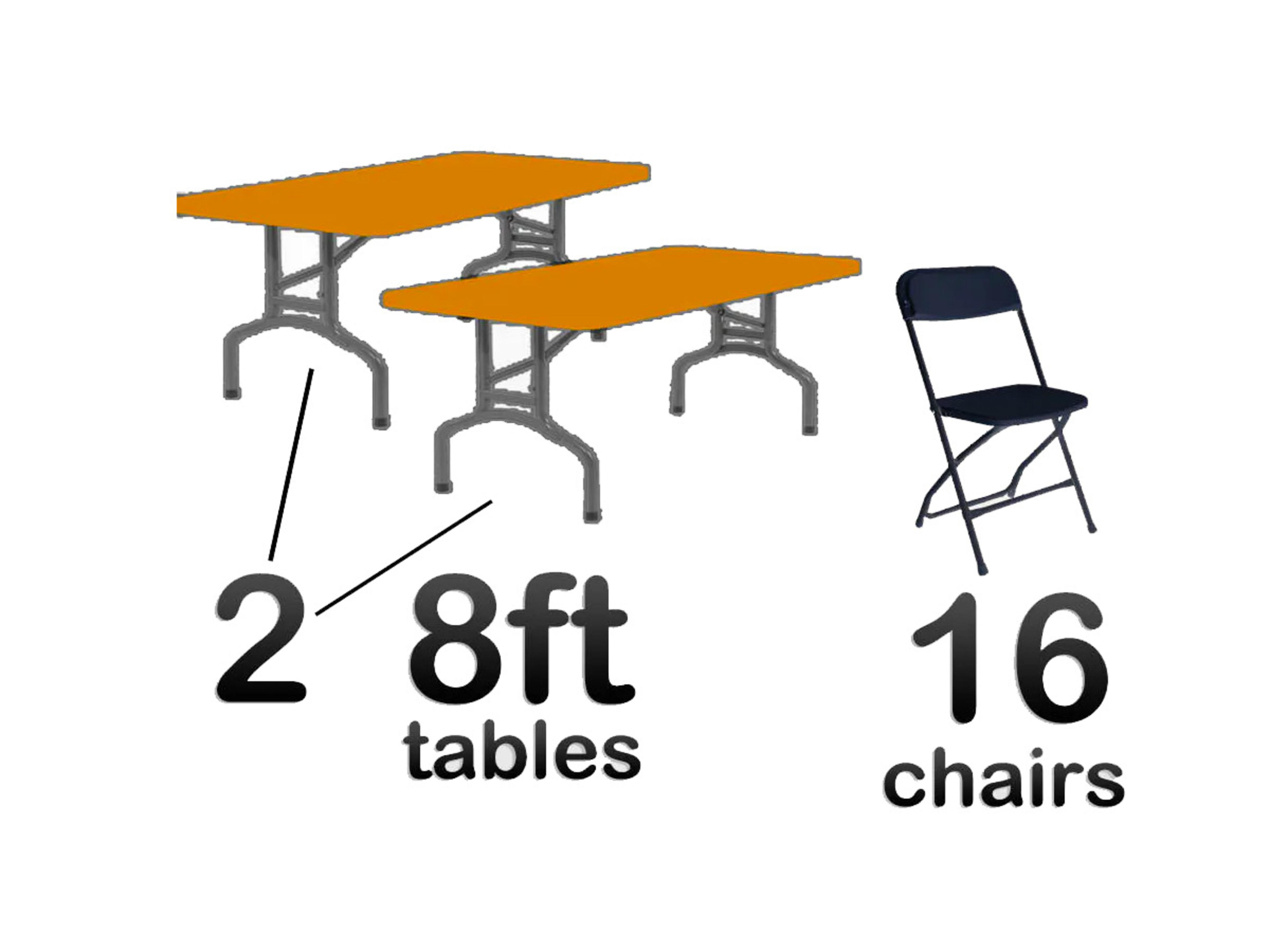 2 8ft Rectangle Tables & 16 Black Chairs