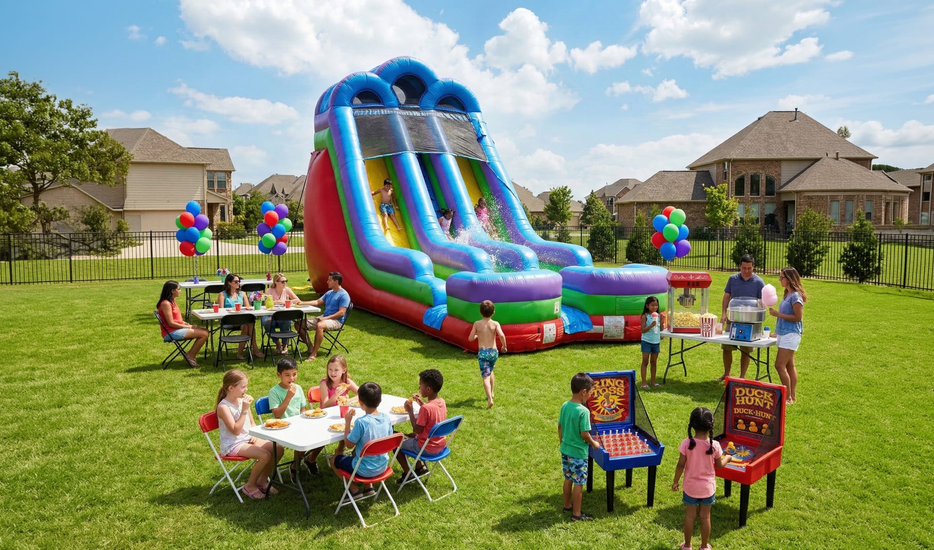 A huge, purple and blue inflatable dual-lane water slide setup at a backyard birthday party with children sliding. Pictured are kids and adults enjoying a popcorn machine, cotton candy, and carnival games. Available for delivery booking in Houston, Austin