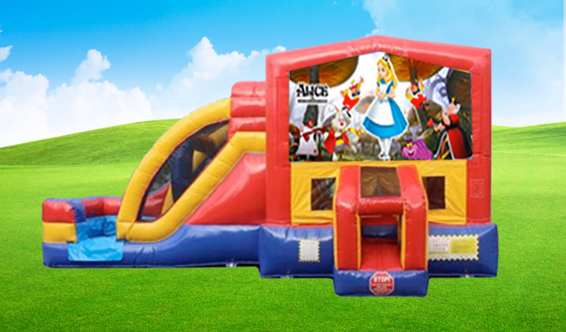 Renta de brincolín Alice in Wonderland con tobogán y circuito de obstáculos en Austin, ideal para fiestas en Georgetown.
