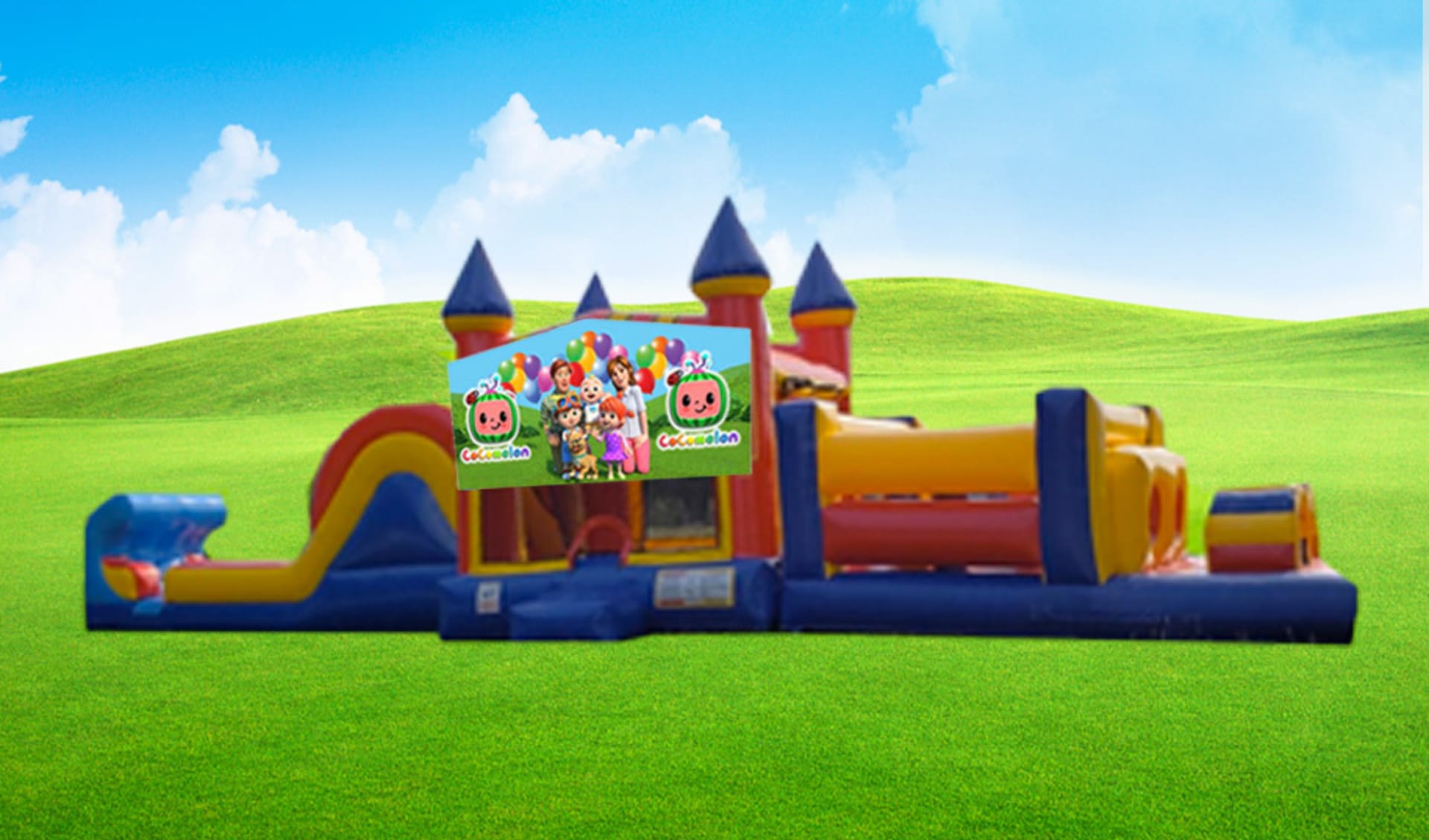Renta de brincolín Coco Melon de 50ft con tobogán acuático ideal para fiestas en Dallas y Mesquite