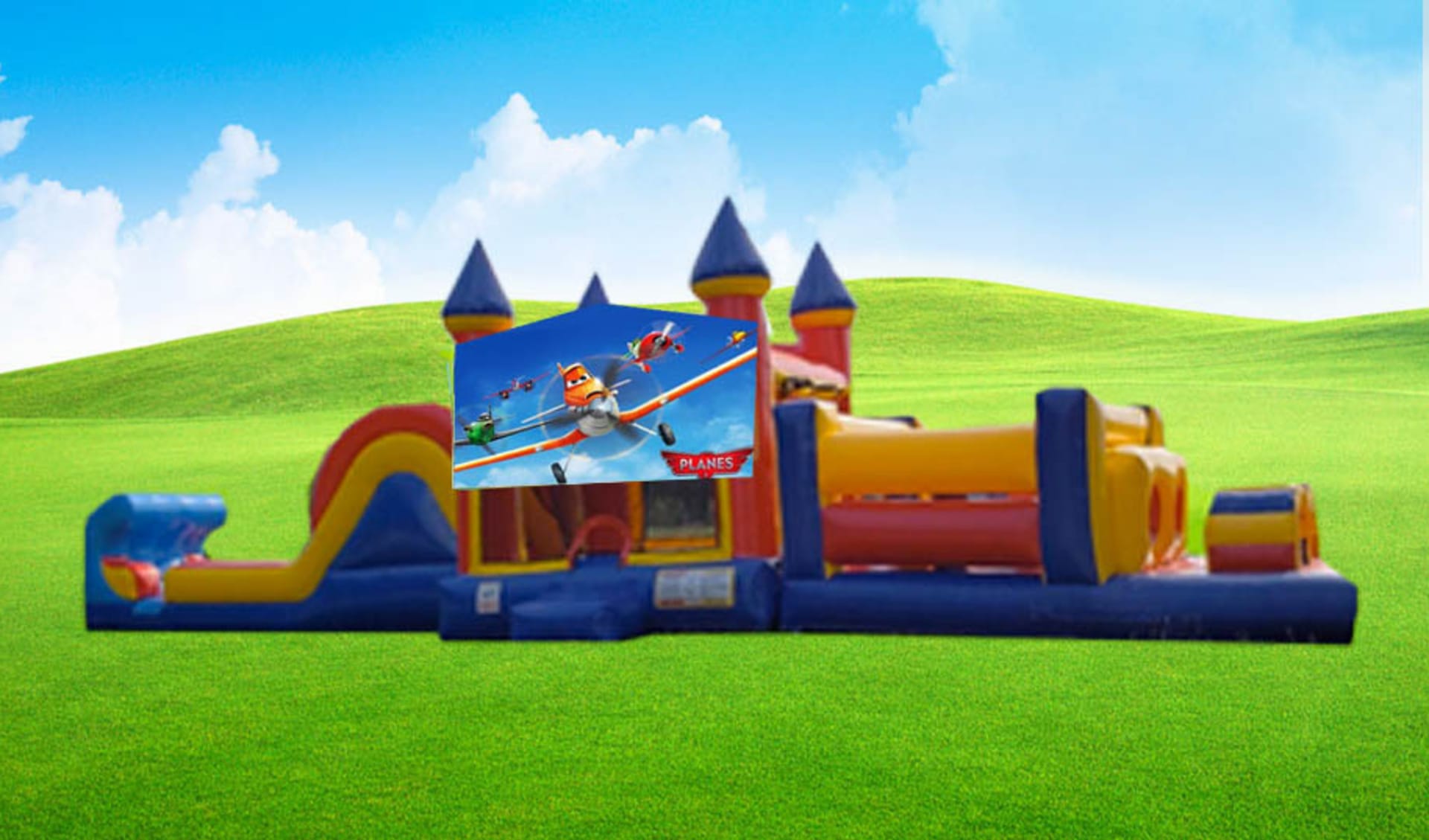 Renta de brincolín obstáculo de 50ft con tobogán acuático ideal para fiestas en Dallas e Irving, perfecto para todas las edades.