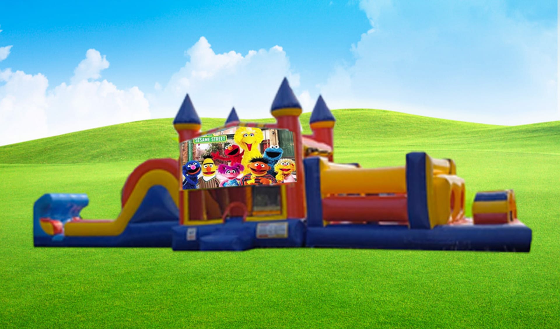 Sesame Street 50ft obstacle course rental in Dallas with dual slides and climbing challenges, ideal for Plano birthday parties.
