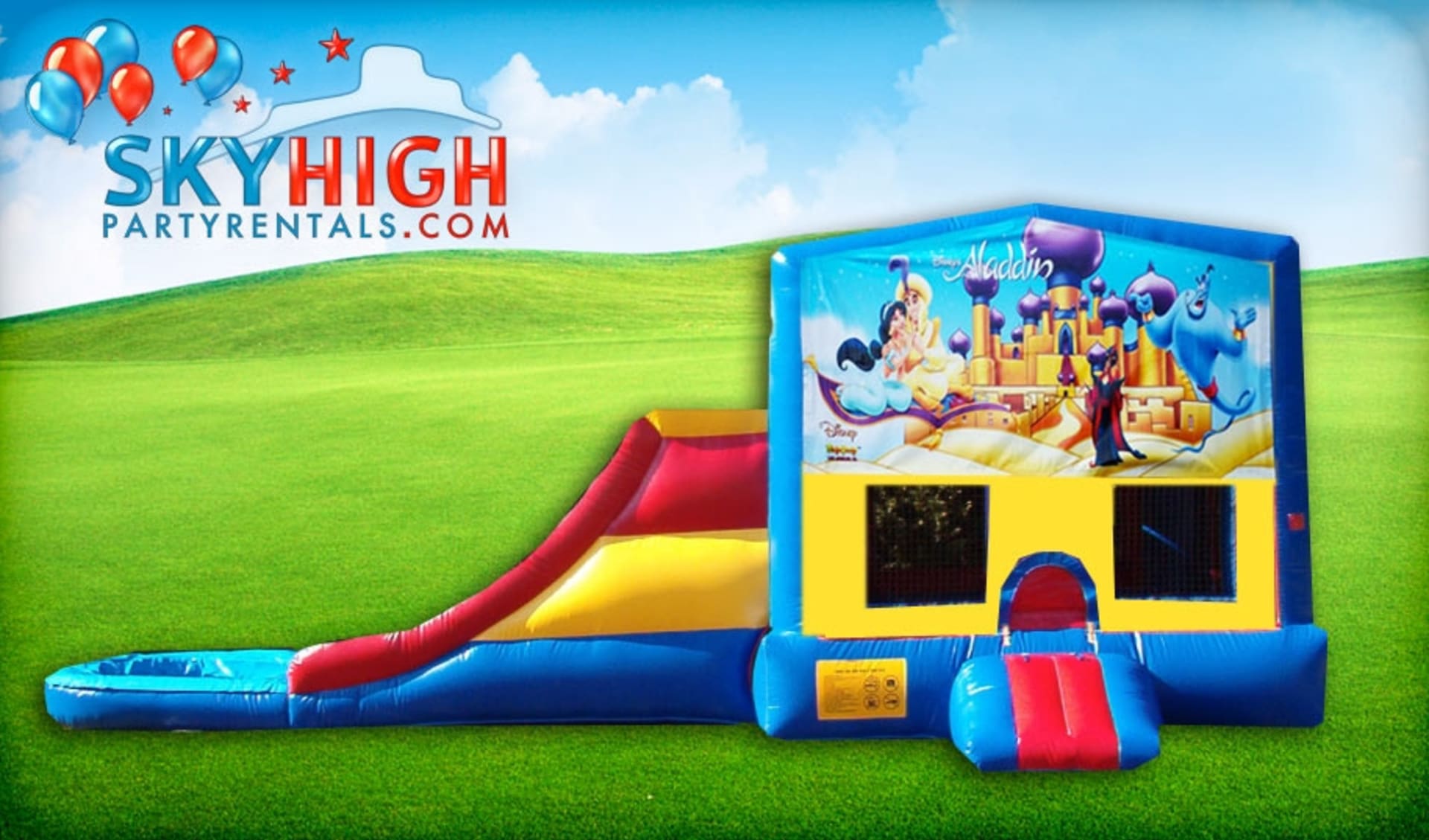 Perfect for Dallas birthday parties, this colorful 3in1 Aladdin bounce house rental features a slide and basketball hoop