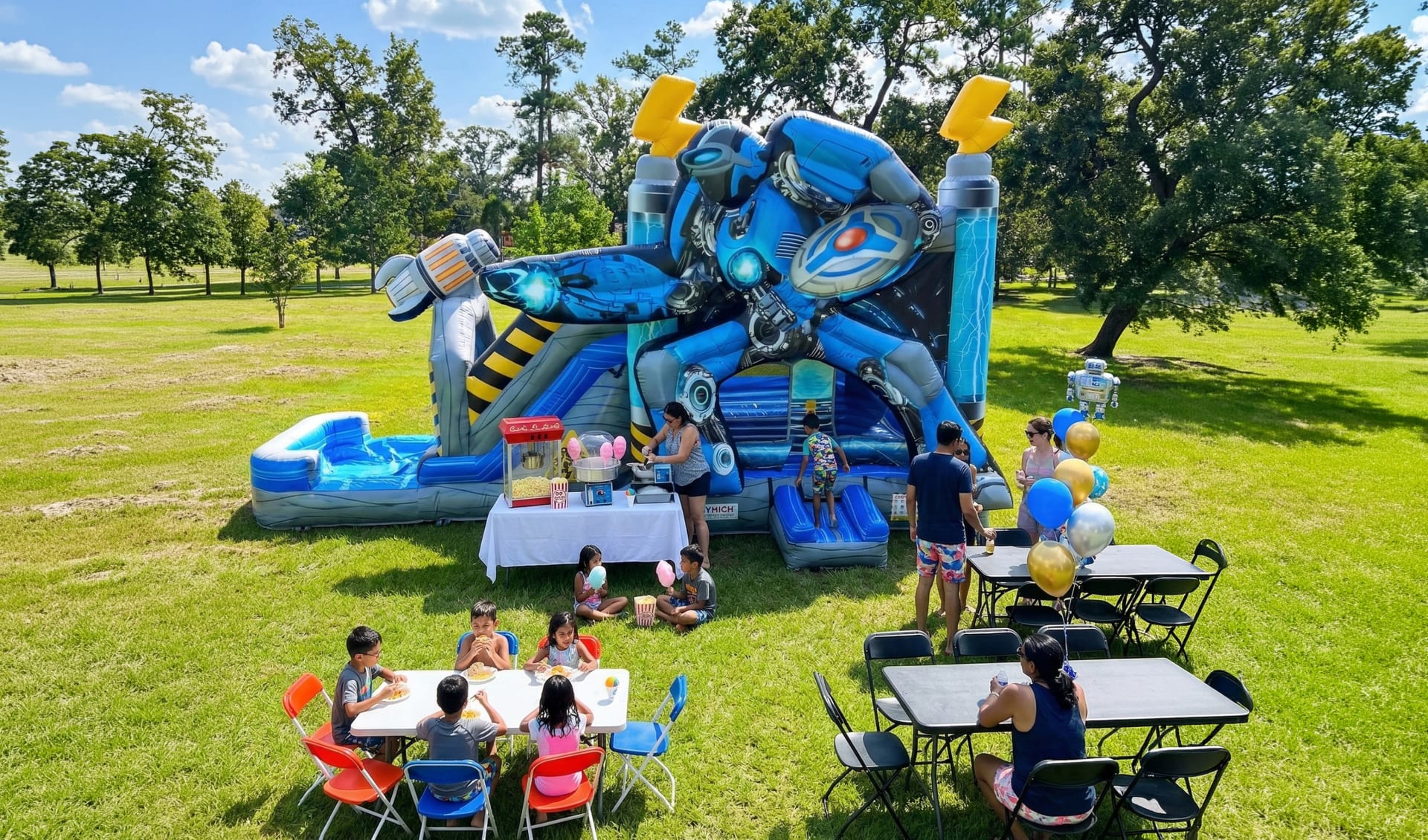 A detailed view of a blue and grey robot-themed inflatable combo unit featuring a wide climbing area and a long water slide. The backyard celebration includes families enjoying snacks from a concession stand and kids playing in a lush green park setting. 