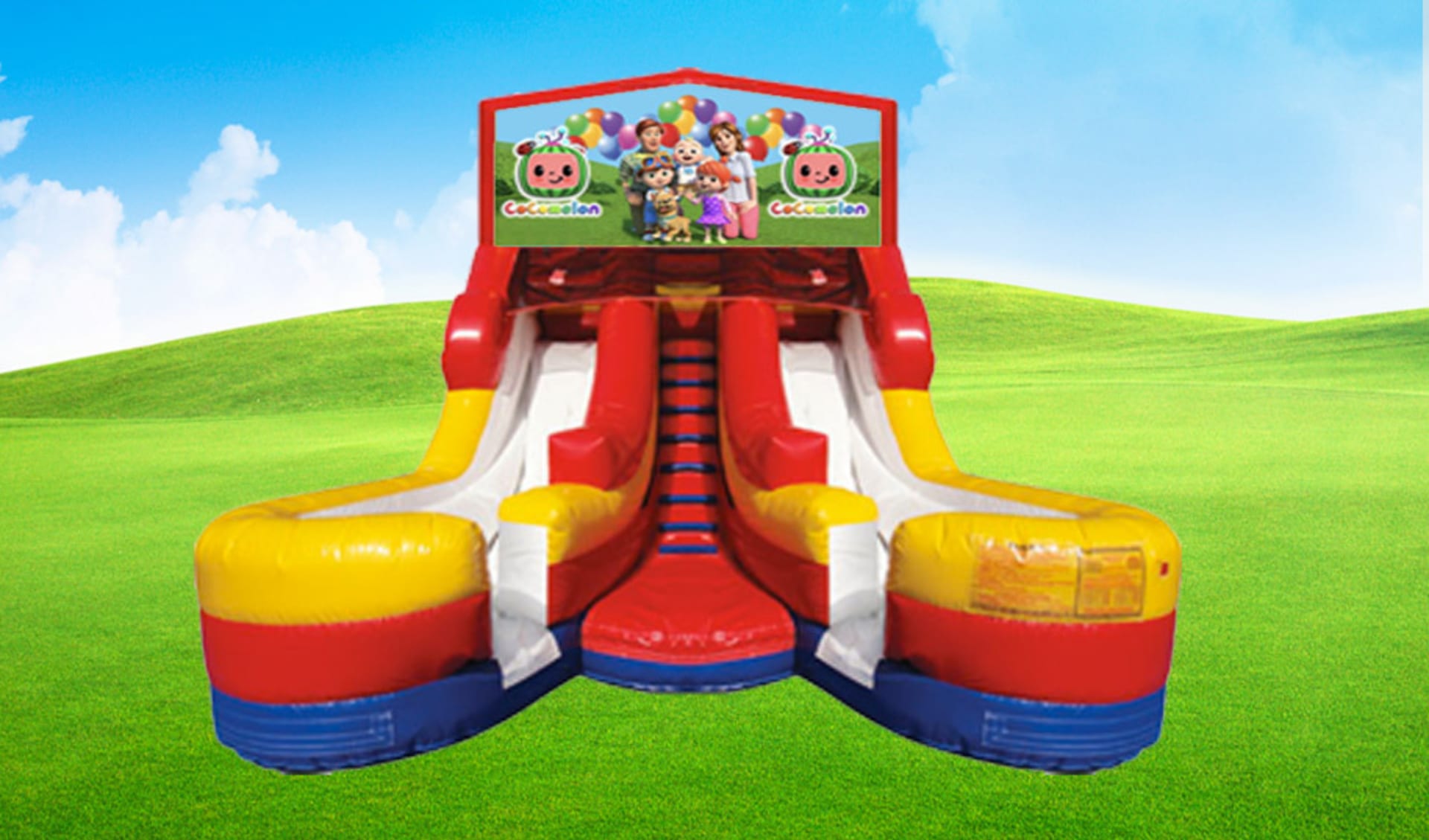 Tobogán acuático Cocomelon de doble carril en renta en Dallas, ideal para fiestas acuáticas con piscinas integradas.