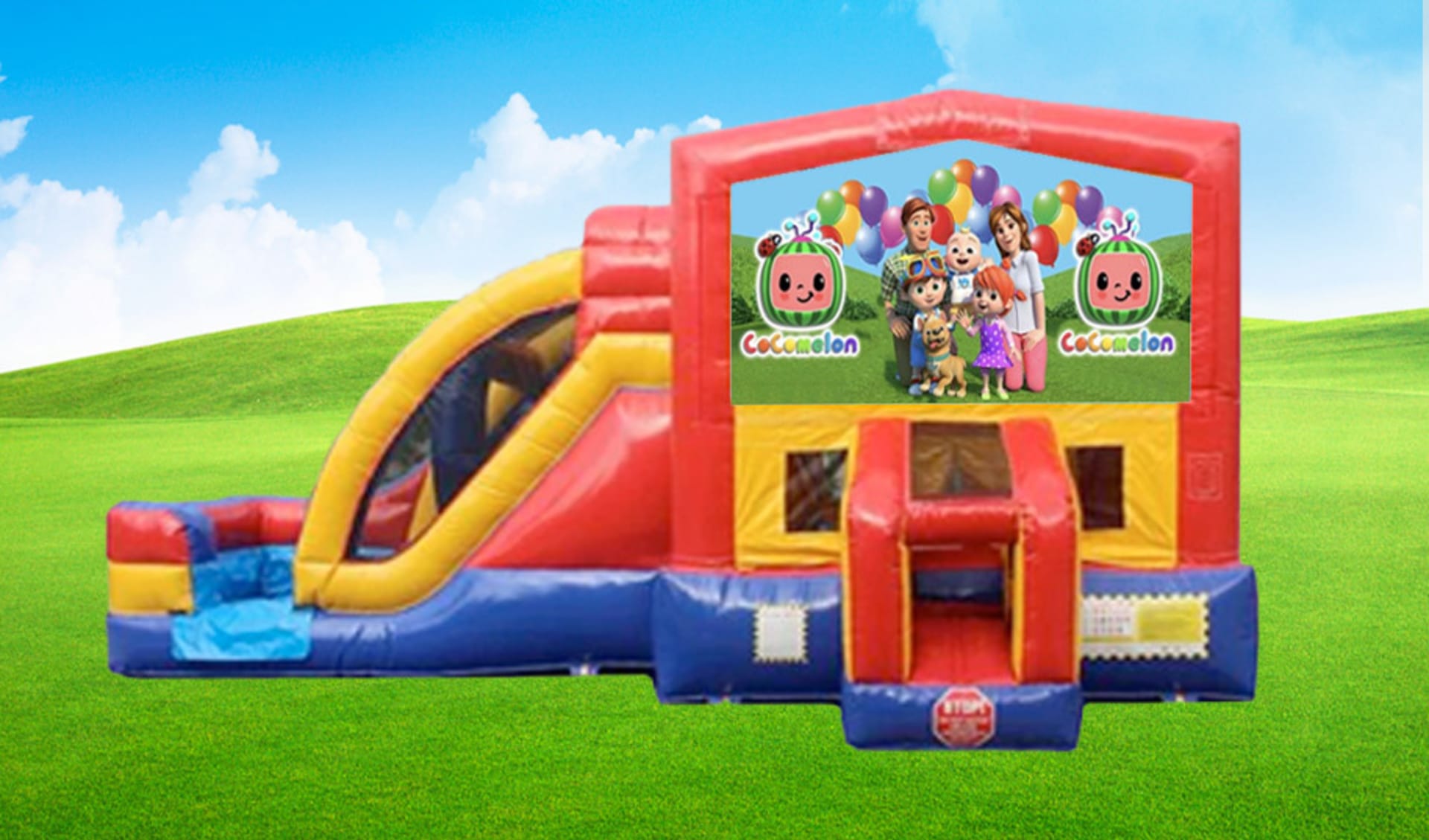 Cocomelon 3in1 obstacle course rental in Dallas with slide and interactive challenges, ideal for Lewisville birthday parties.