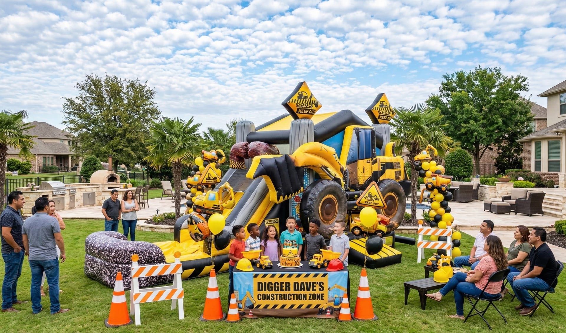 Excavator Birthday Bounce House Party Rental Moonwalks delivered to Houston, Austin, San Antonio, and Dallas, TX.