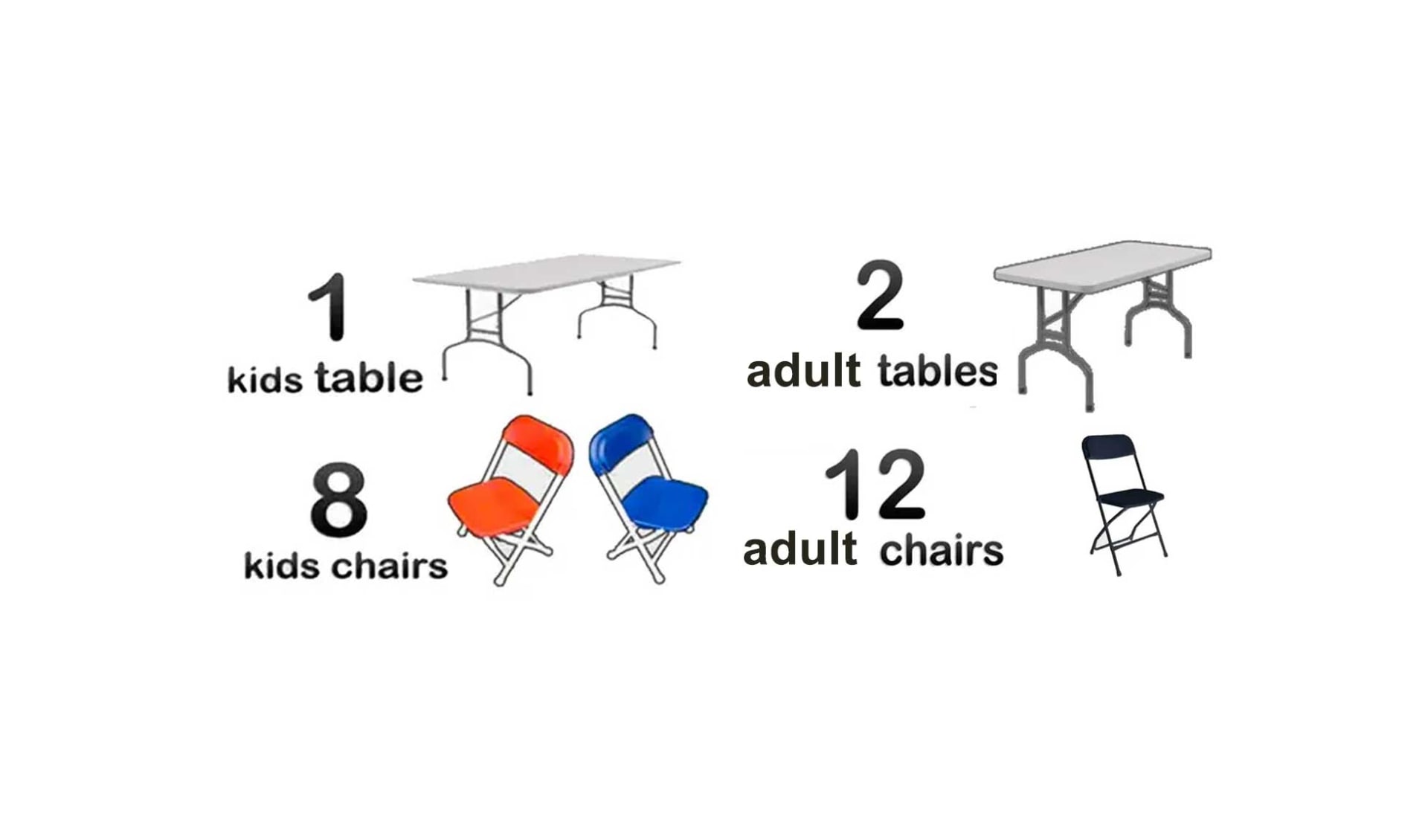 1 Kids Table, 8 Kids Chairs + 2 Adult Tables, 12 Adult Chairs