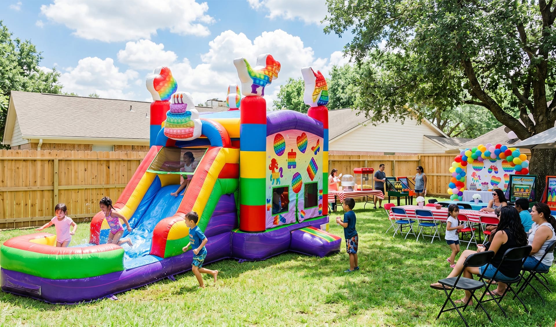 Pop Its Bounce House themed kids birthday party in backyard.