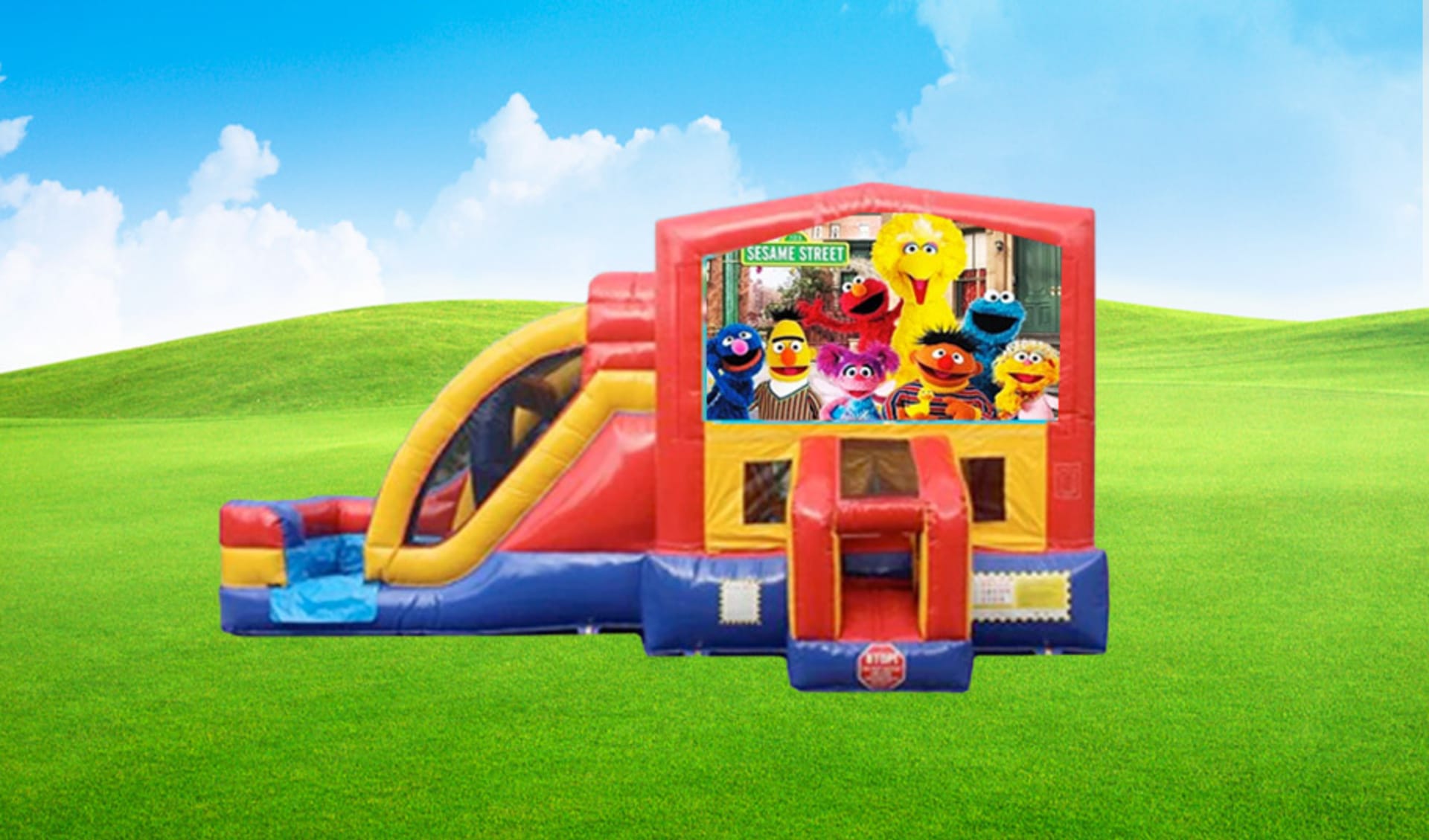 3in1 Sesame Street obstacle course rental in Dallas with pop-up obstacles and slide, perfect for Grand Prairie birthday parties.