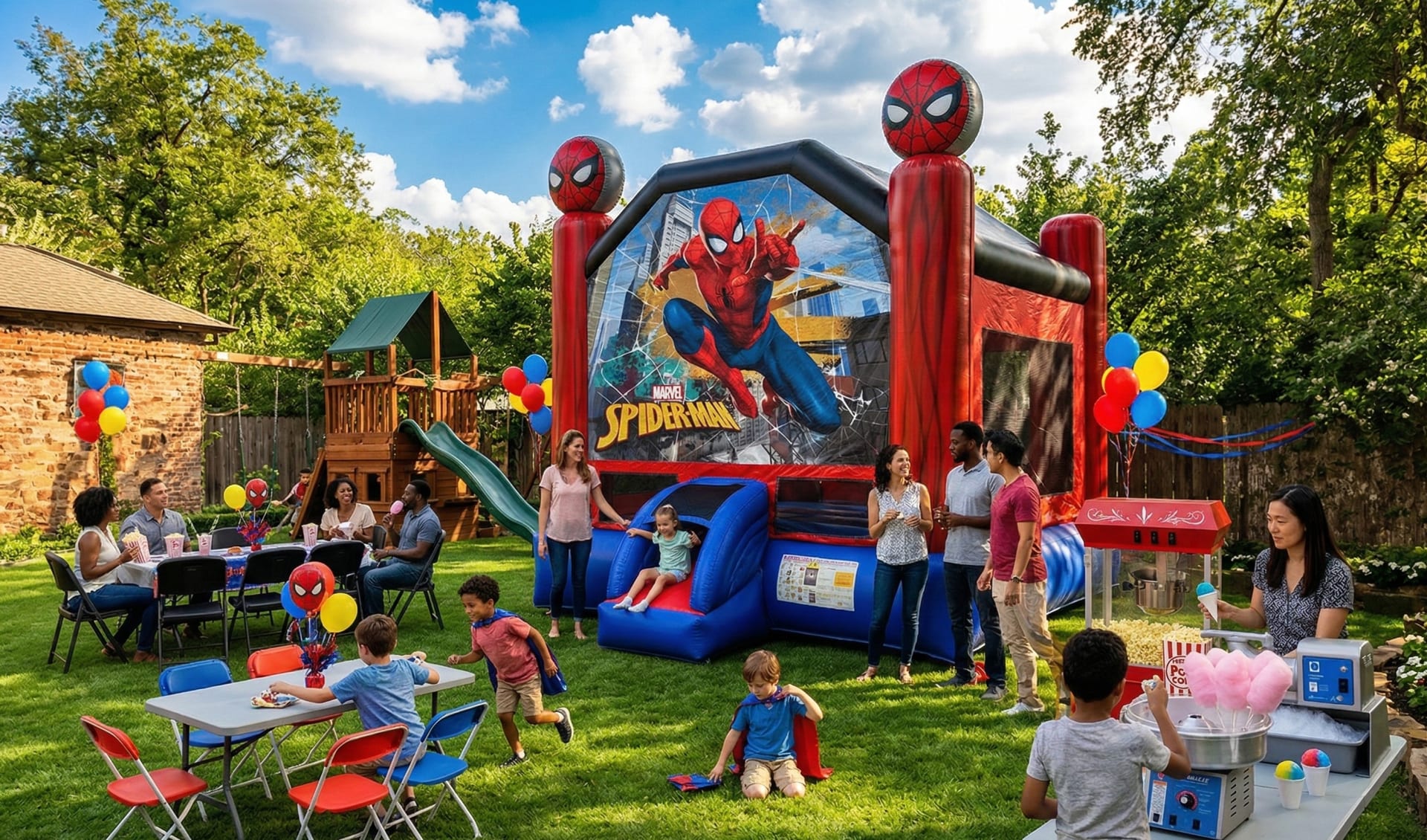 An action-packed backyard birthday party scene featuring a large Spider-Man inflatable bounce house combo with a red and blue slide. Families are gathered on the lawn, with adults chatting and children enjoying cotton candy and snow cones at nearby tables