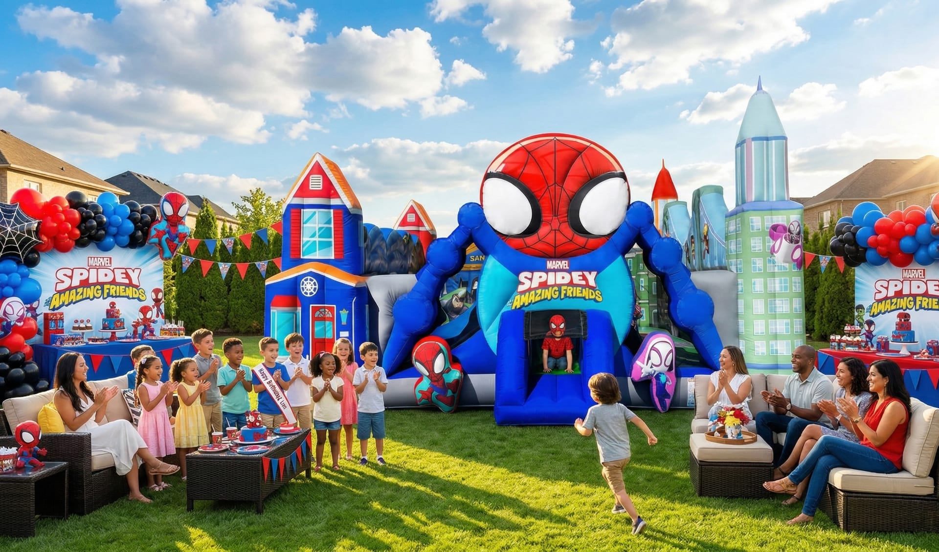 A vibrant Marvel "Spidey and His Amazing Friends" themed backyard birthday party in Houston. The scene features a large, colorful inflatable toddler playzone with Spiderman graphics, festive balloon arches, and a diverse group of families and children cel