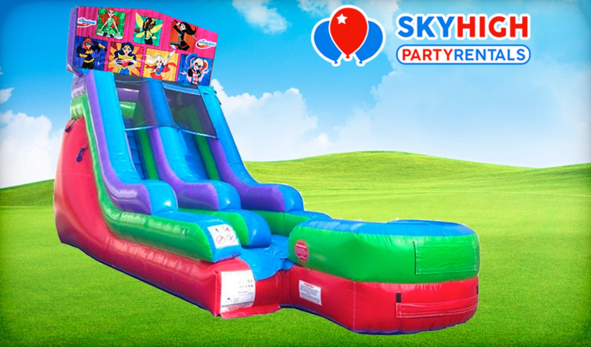 15ft DC Super Hero Girls wet-dry slide rental in Austin — colorful inflatable water slide perfect for Kyle birthday parties