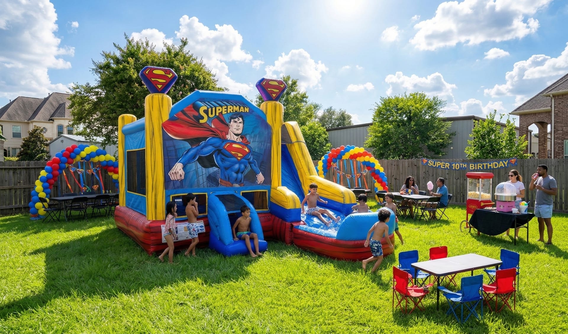 A superhero-themed backyard birthday party in Houston featuring a large Superman inflatable bounce house combo with an attached water slide and splash pool. The setup includes a colorful red, blue, and yellow balloon arch, a popcorn and cotton candy conce