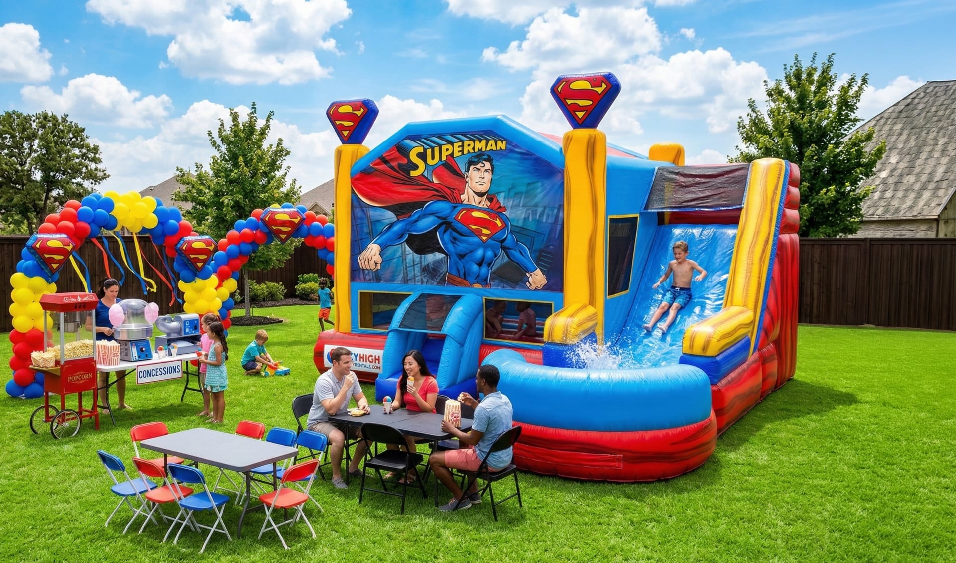 Kids playing on a Superman inflatable water slide and moonwalk rental in a suburban Dallas backyard. The scene showcases a complete party package including themed seating, snack stations, and vibrant decor under a clear blue sky. This premium inflatable a