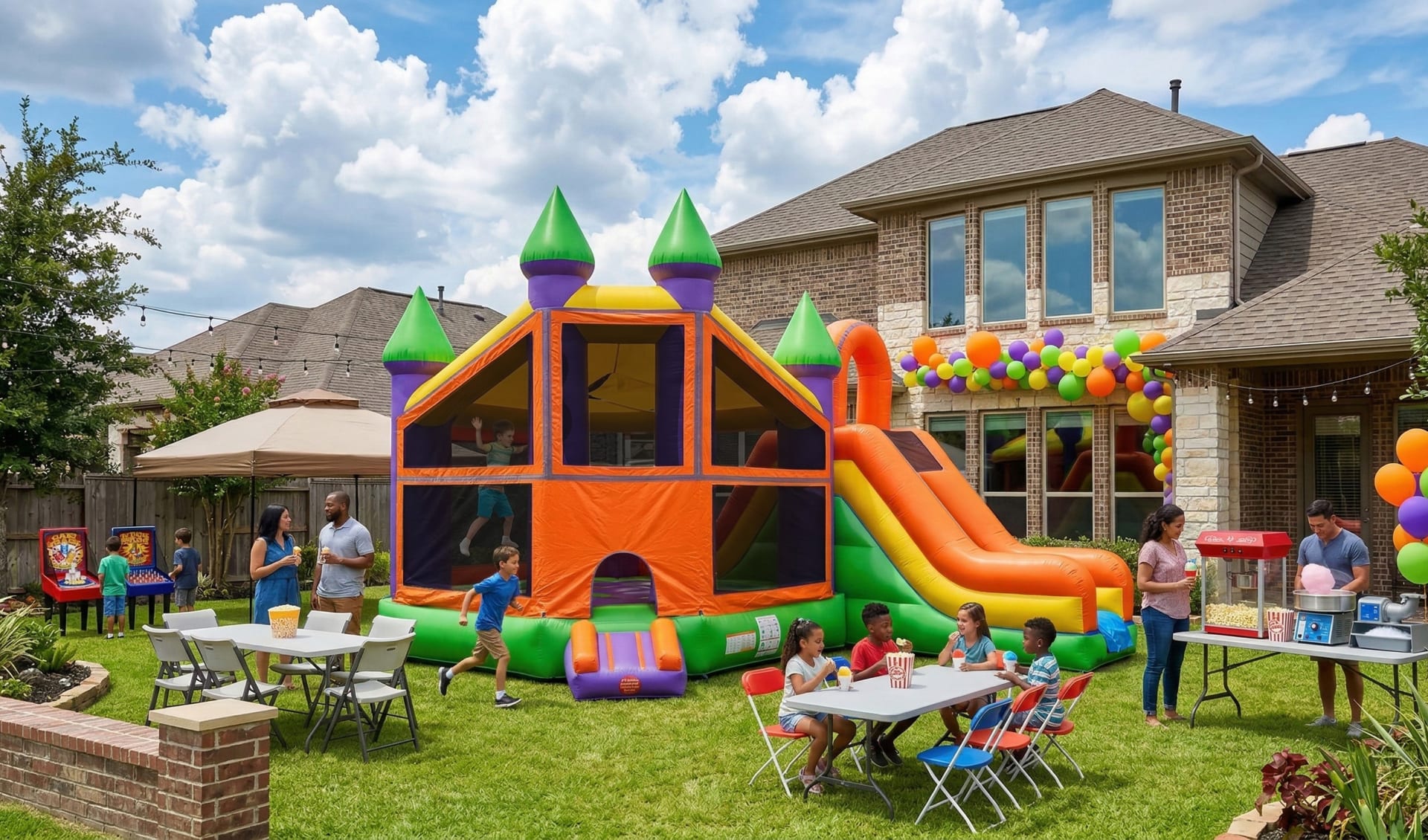 A vibrant backyard birthday party in Houston, featuring a large, colorful bounce house with a slide from a local party rental service. A diverse group of people, including children bouncing, running, and eating at tables, is gathered. Nearby, a food stati