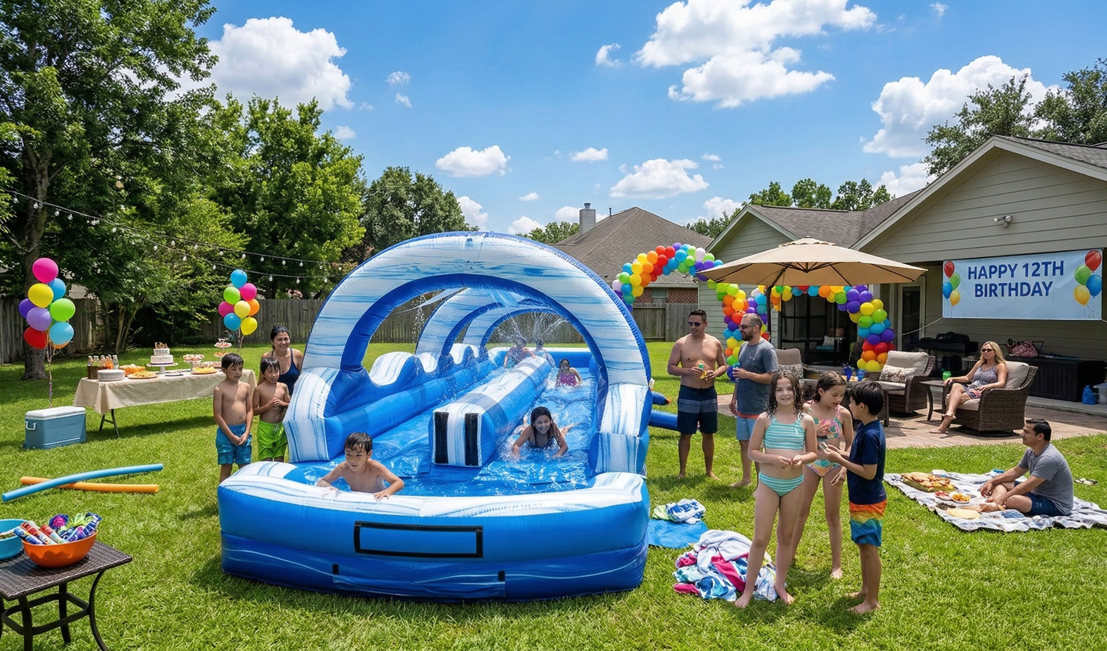 A 32-foot long inflatable blue and white double-lane water slide set up in a lush green backyard for a birthday party. The slide features several inflatable arches with built-in water sprayers. Children are shown sliding down the dual lanes and splashing 