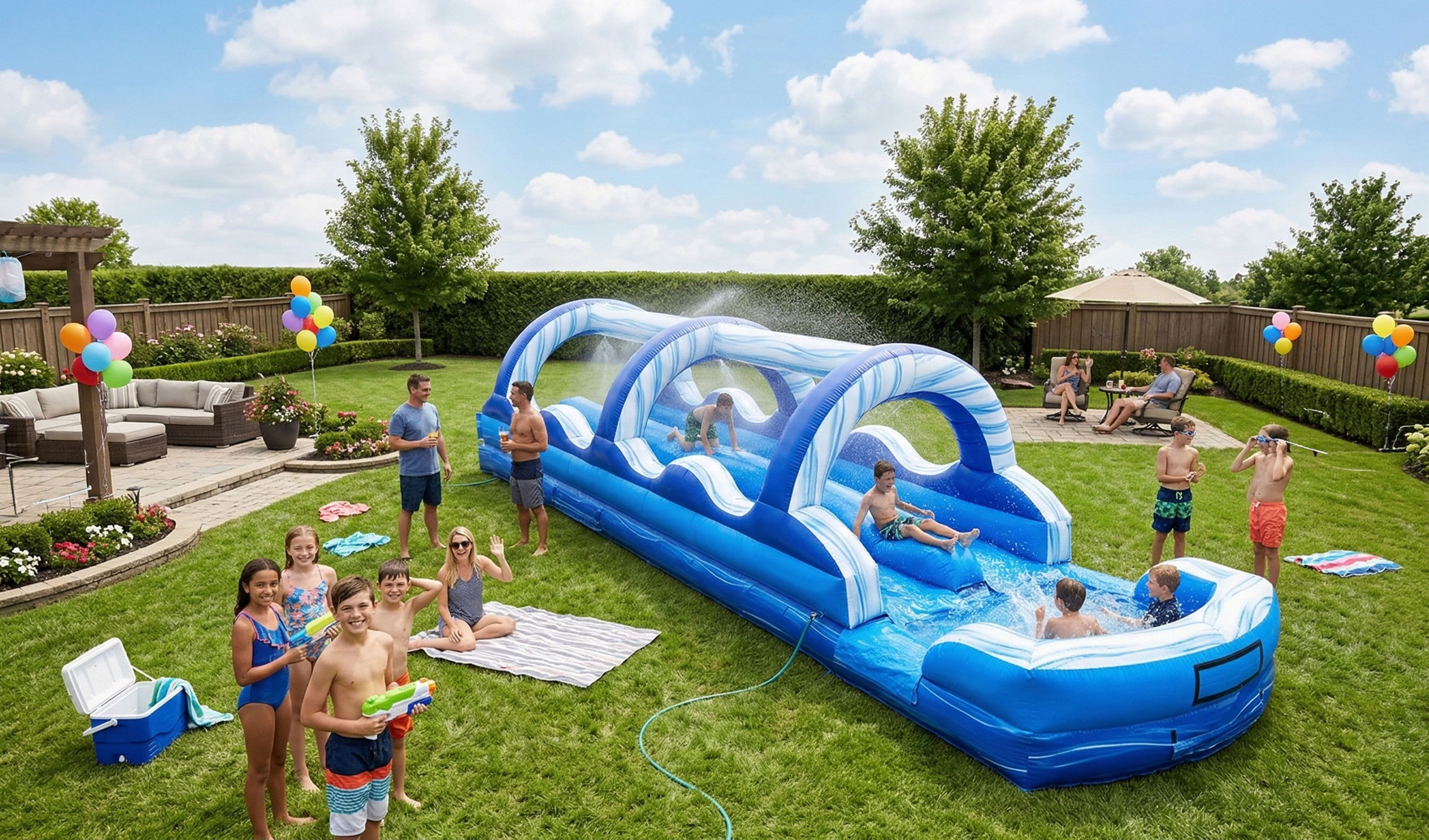 Summer fun in the sun: Kids racing down a massive 32-foot double-lane water slide at a backyard birthday party. The blue and white inflatable features water-spraying arches and dual sliding lanes, surrounded by family, balloons, and party treats under a c
