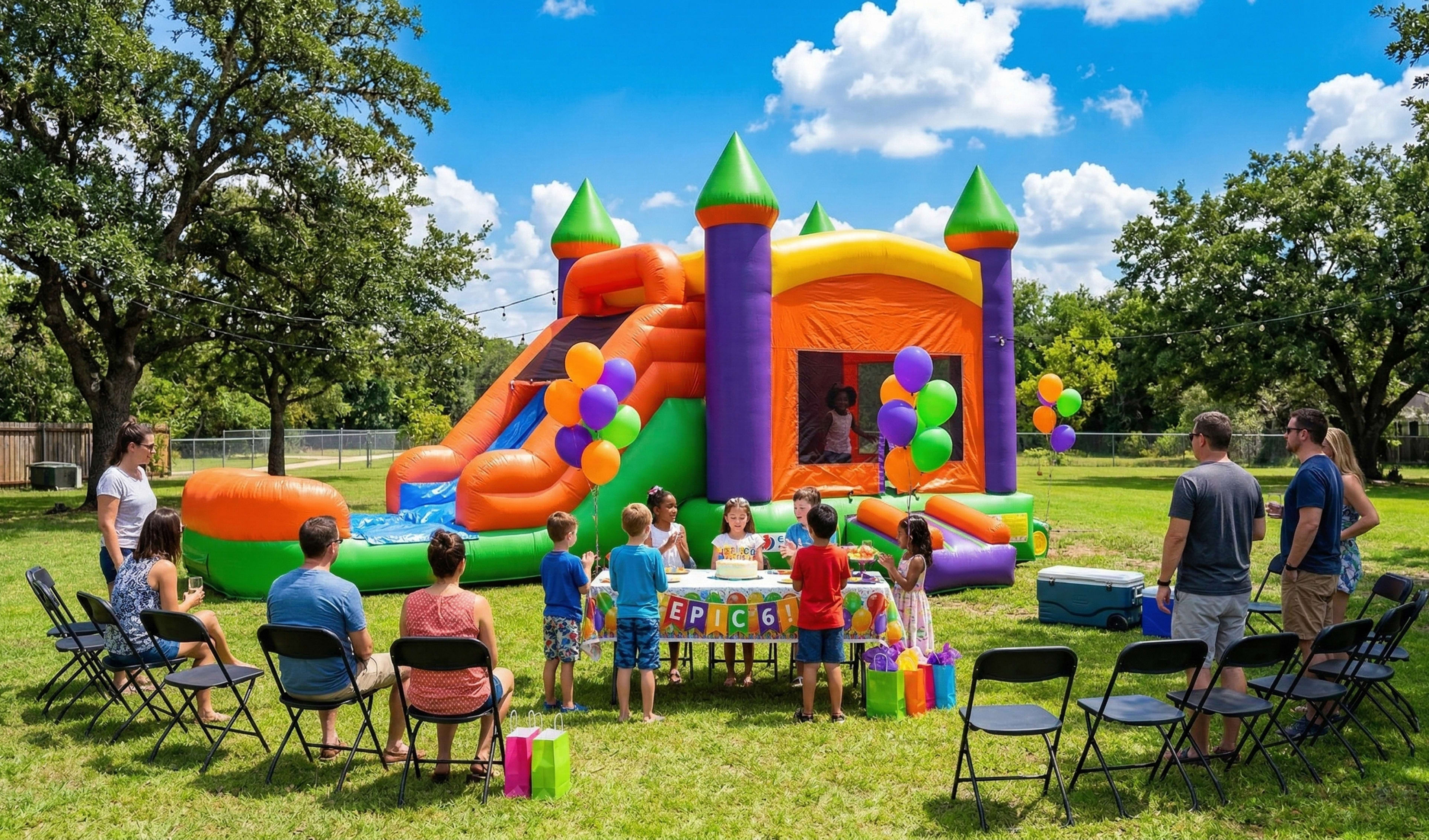 A classic carnival-themed carousel bounce house featuring red and yellow stripes with detailed horse and giraffe graphics on the mesh walls. This interactive inflatable attraction is set up for an outdoor event and is available for rent in Houston, Austin