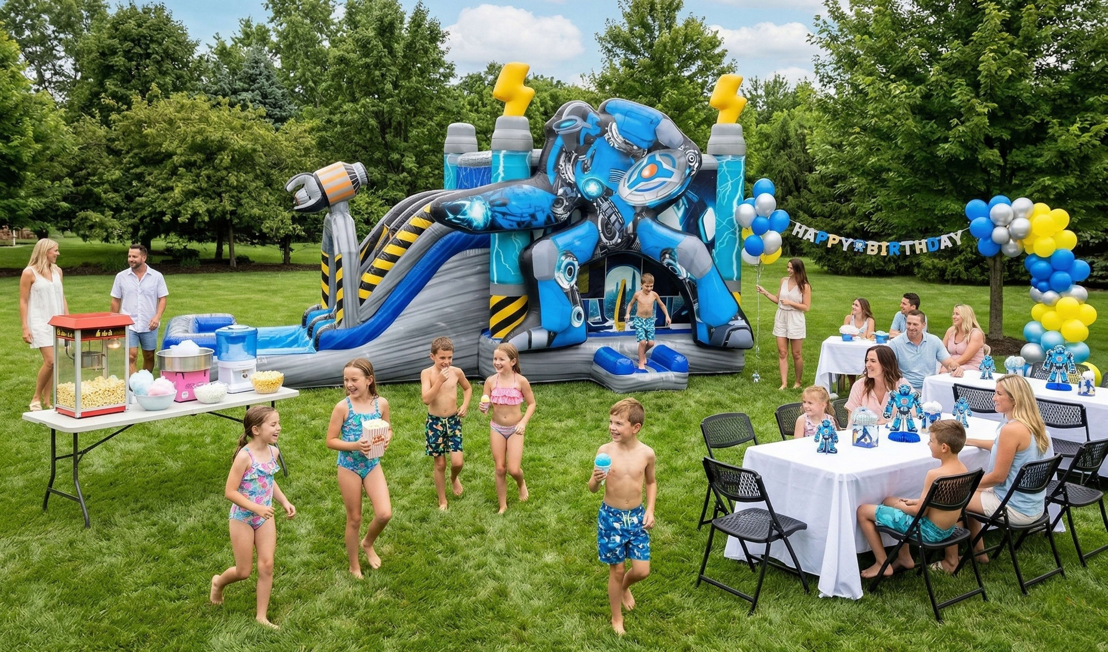 A large blue robot-themed inflatable water slide and bounce house combo set up for a backyard birthday party. The scene shows children in swimwear playing on the slide and around a splash pool, while adults supervise from nearby tables. This professional 