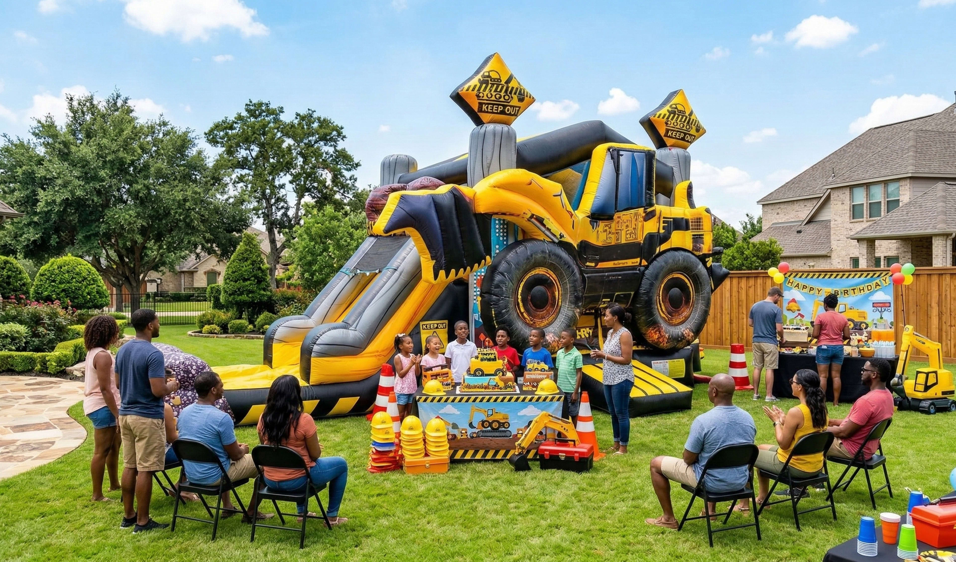 Excavator Bounce House Party Rental Moonwalks delivered to Houston, Austin, San Antonio, and Dallas, TX.