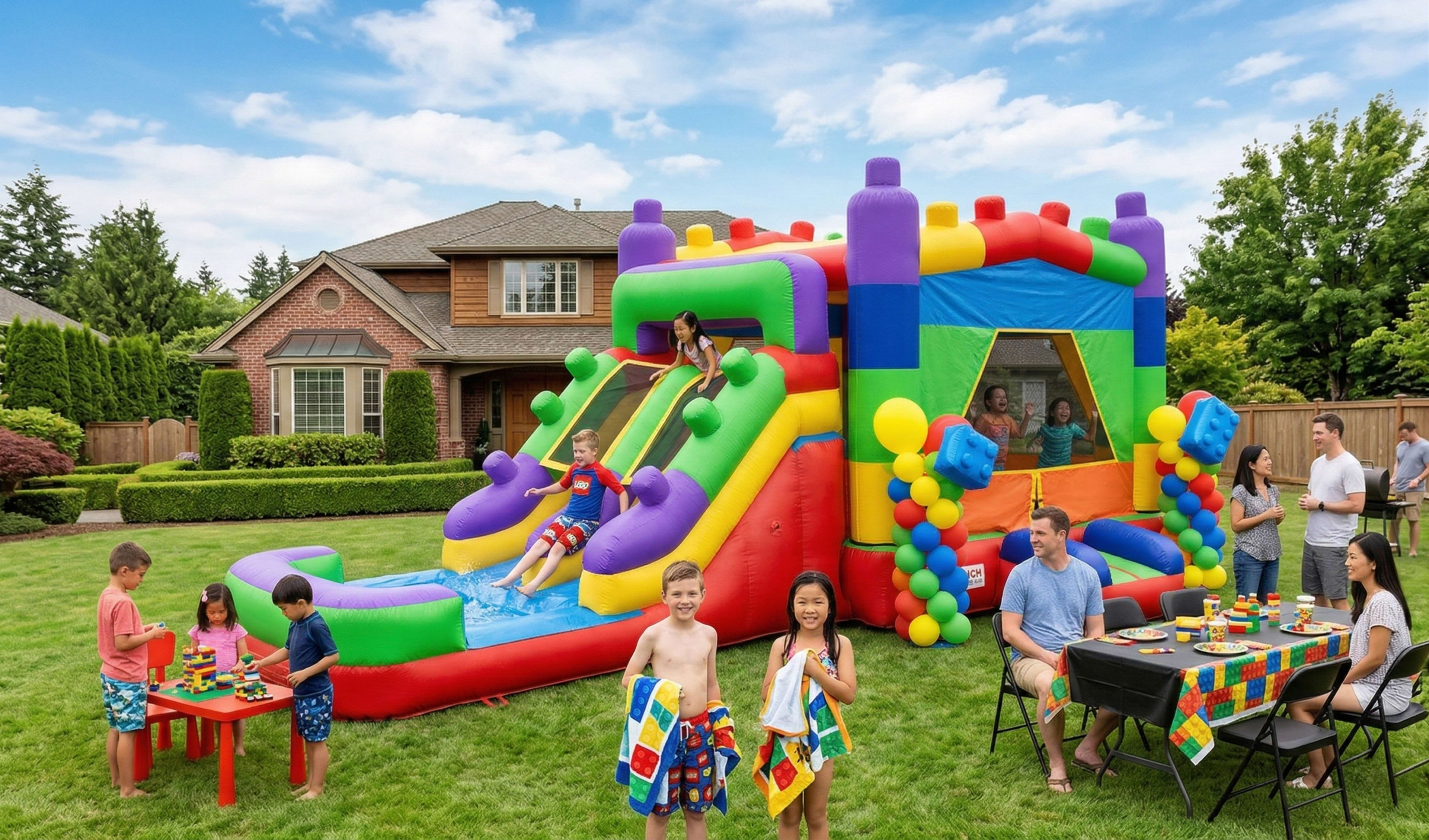 Lego Kids Party Bounce House delivered to Houston, Austin, San Antonio, Dallas and across the United States.