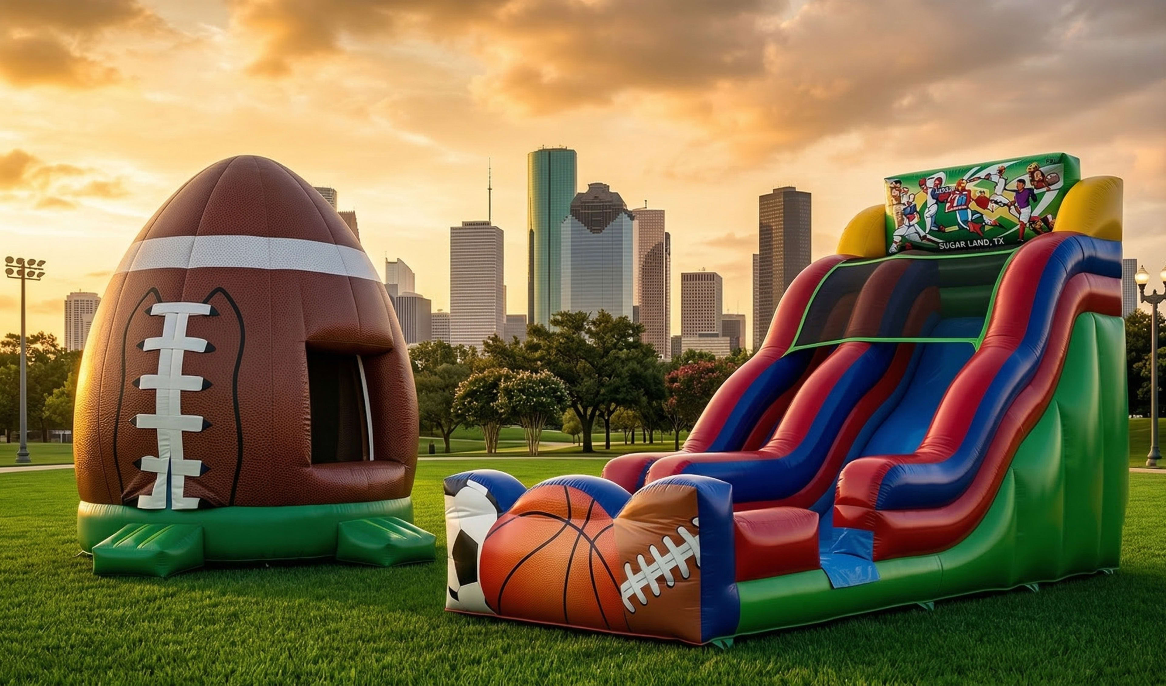 Sports Bounce House Rentals in front of Houston skyline at nearby park.