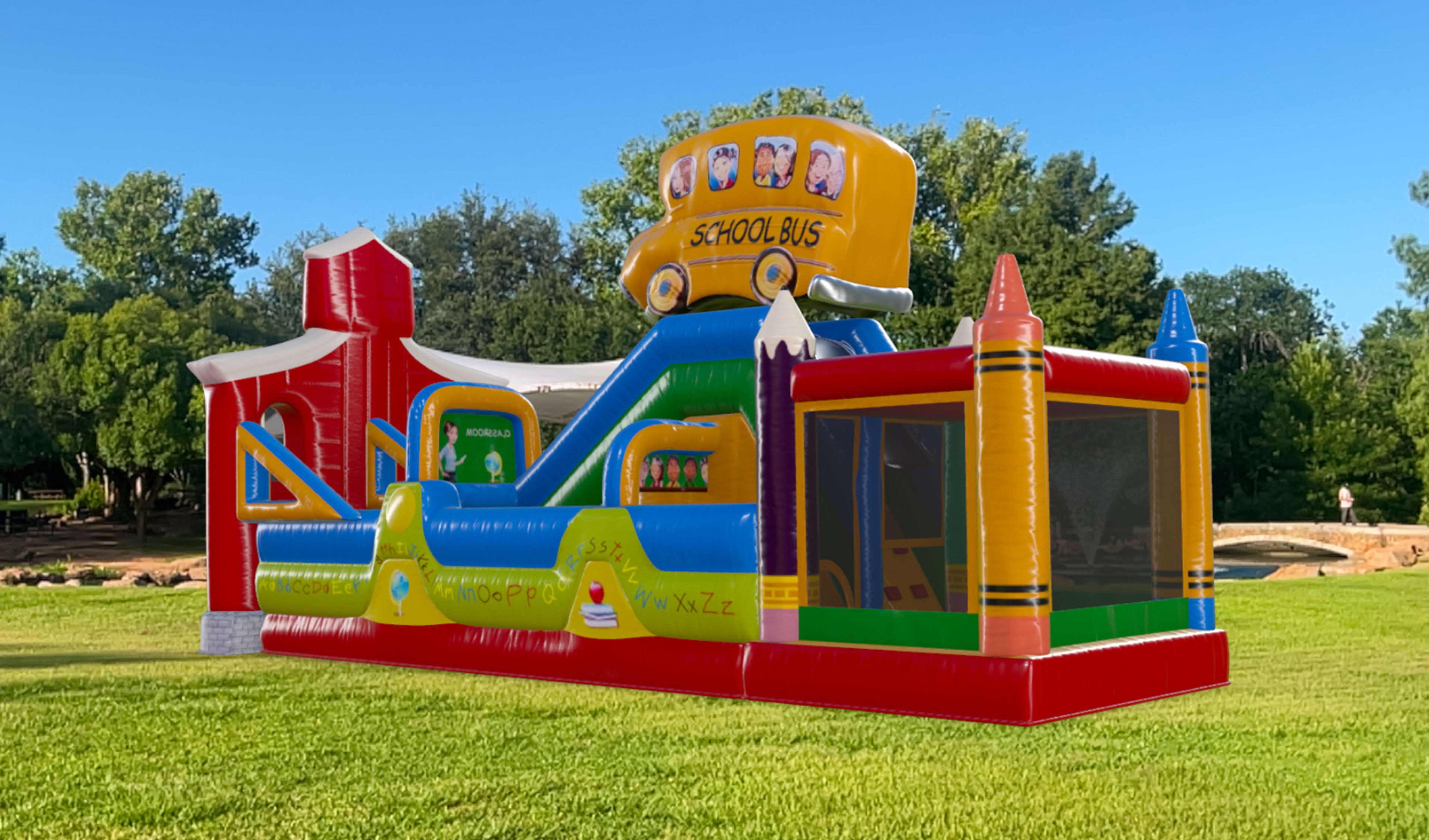 School Bus Bounce House Obstacle Course Rental