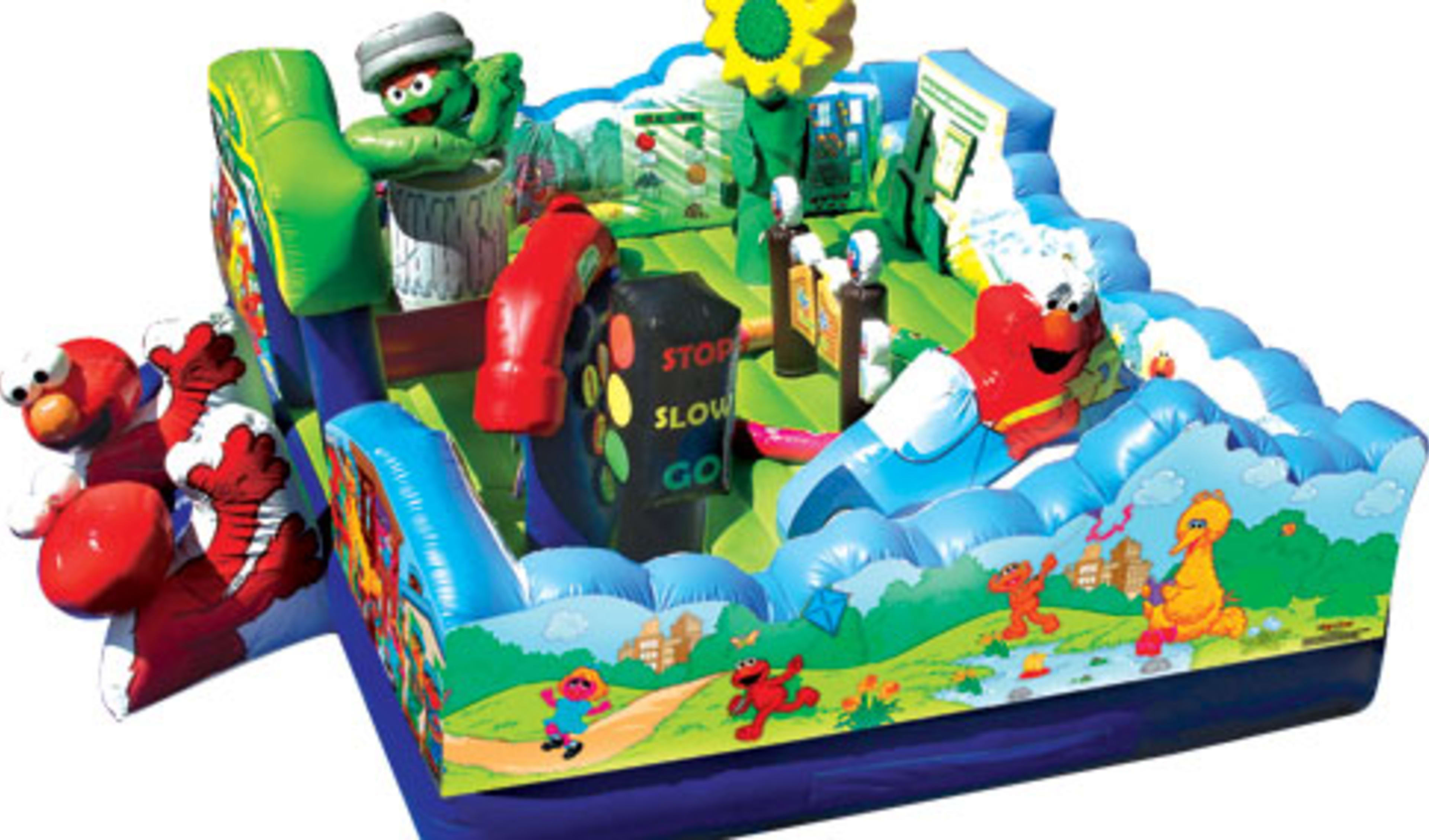 Side view of sesame street kids party inflatable