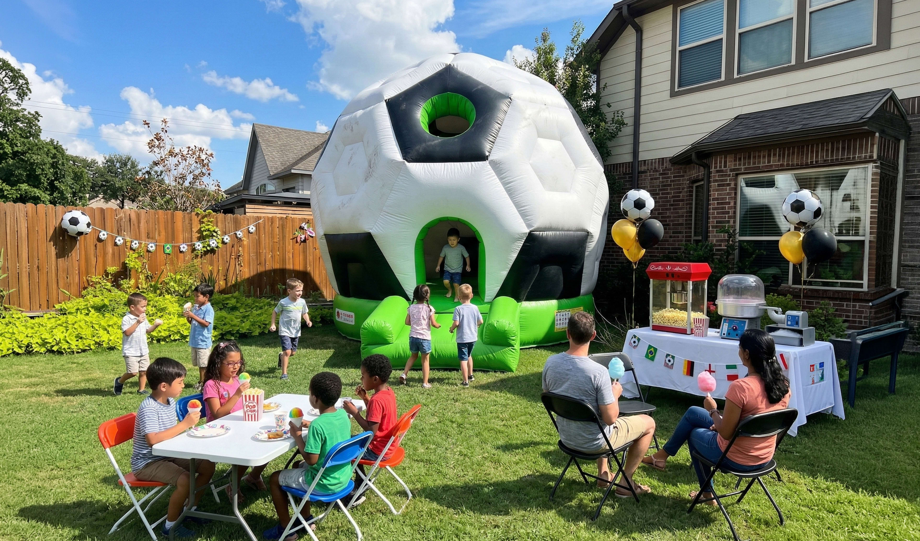 A large inflatable soccer ball bounce house stands in a residential backyard for a 9th birthday celebration. Children are running on the grass while families sit at decorated tables. The setup includes a professional concession station for cotton candy an