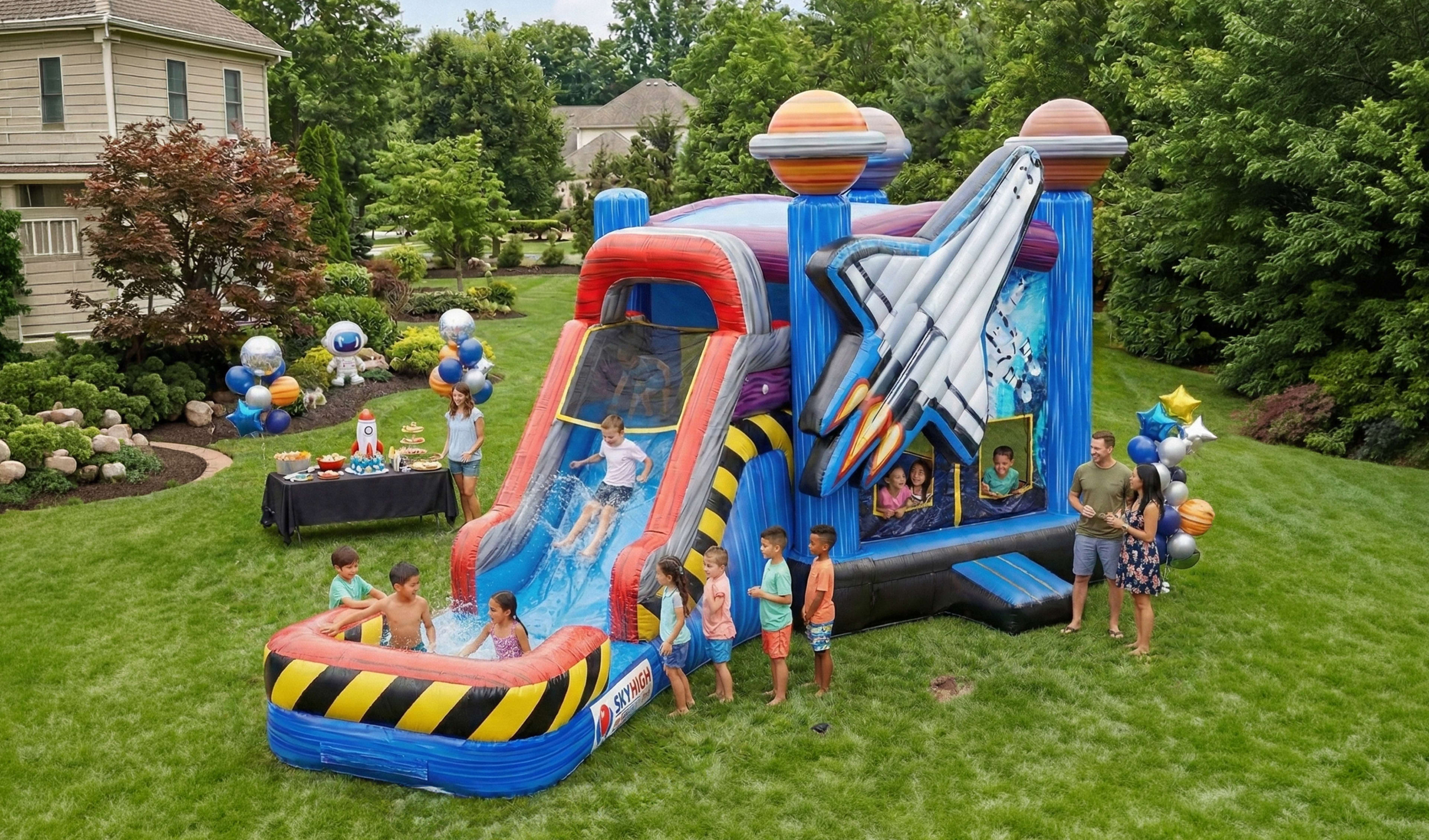 A large blue and red space-themed inflatable water slide and bounce house combo set up in a green backyard for a summer party. The inflatable features a giant space shuttle graphic and planets on the pillars. Children are sliding down into a splash pool w